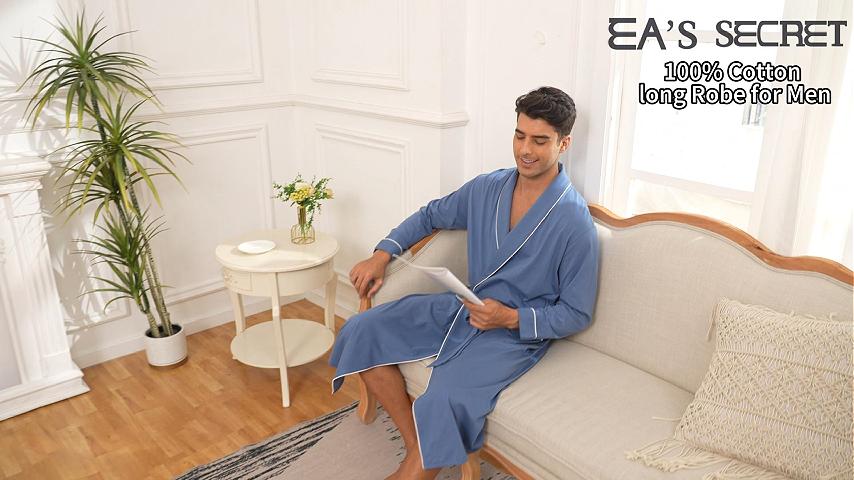 thumbnail video image 2 of EA'S SECRET 100% Cotton Mens Robe Lightweight Long Kimono Bathrobe with Pockets Cozy Knit Spa Robes Breathable Shower Bath Robes(Blue,XL), 2 of 11