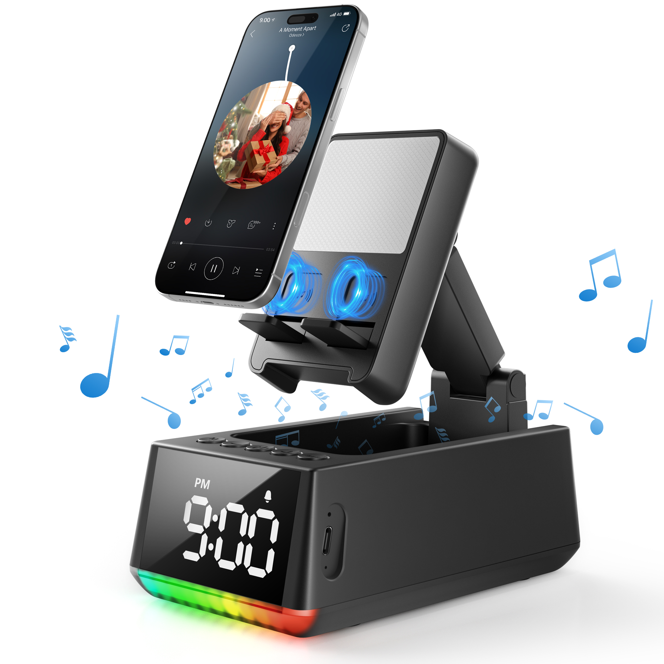thumbnail video image 2 of Wireless Induction Bluetooth Speaker, Phone Stand Speaker with Digital Clock & RGB Light, HD Stereo Sound, Foldable Cell Phone Stand for IPhone Android IPad, Tech Gadget Gifts for Men Women Teens, 2 of 10