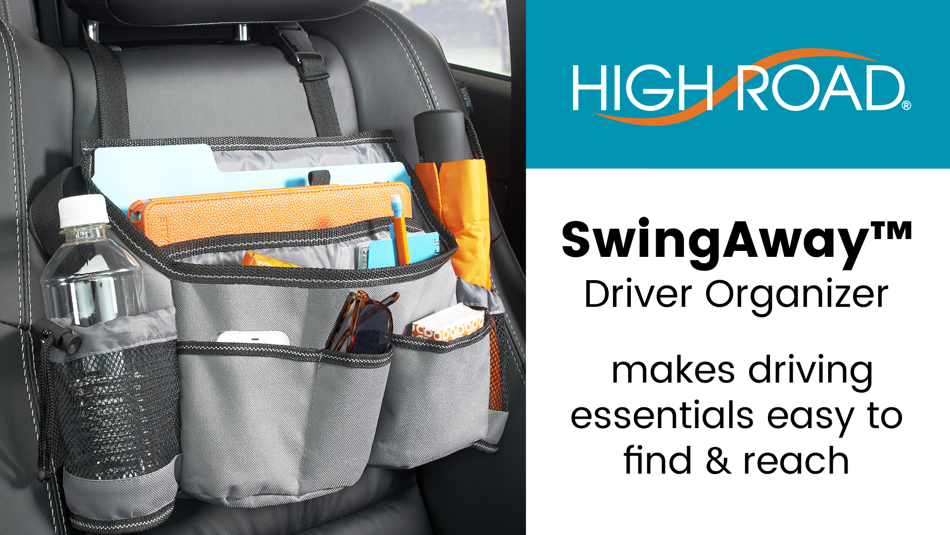 thumbnail video image 2 of High Road SwingAway Front Seat Car Organizer for Daily Driving Essentials with Side Bottle and Cup Holders, 2 of 7