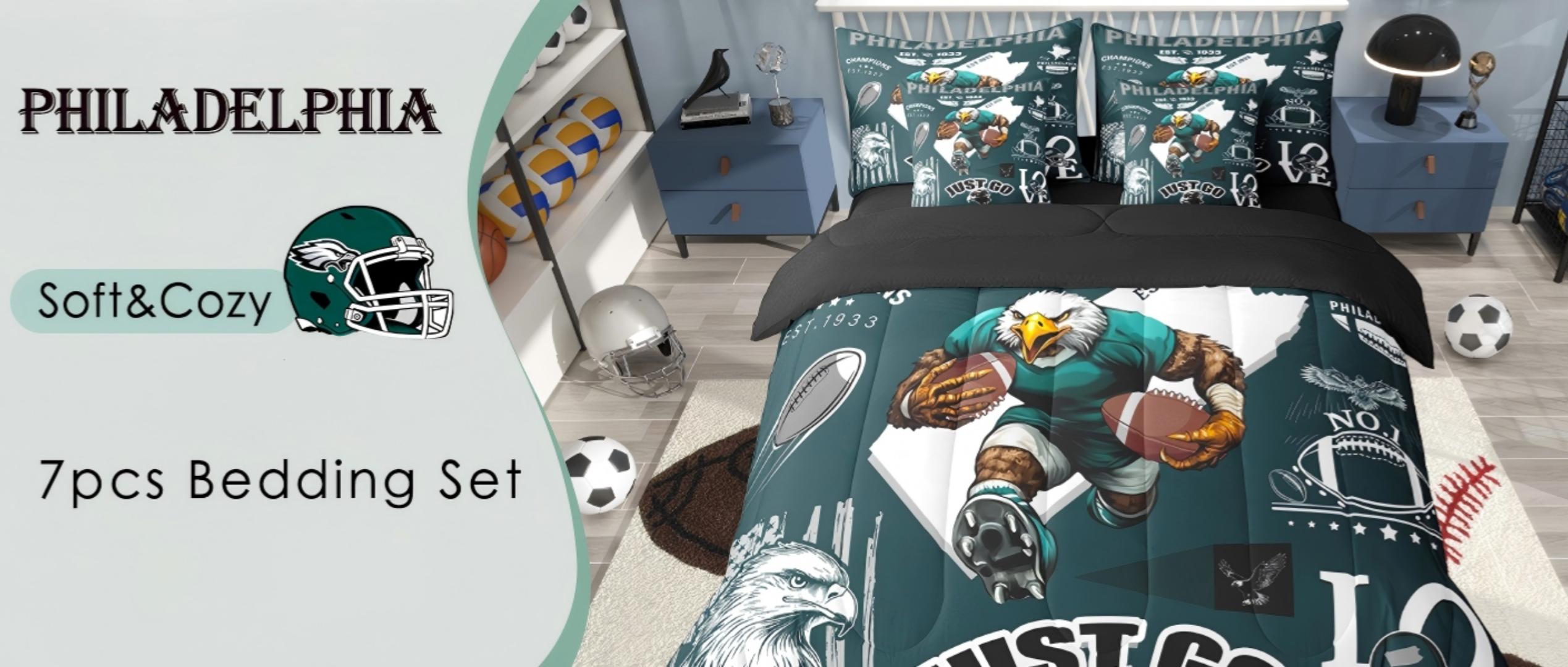 thumbnail video image 2 of Erosebridal Eagle Bird Football Theme Bedding Sets Twin Size,Sports City Philadelphia Game Comforter Sets with Sheets,Boys Classic Football Bed in a Bag,Ultra Soft Bedroom Decor Reversible,7-Piece, 2 of 7