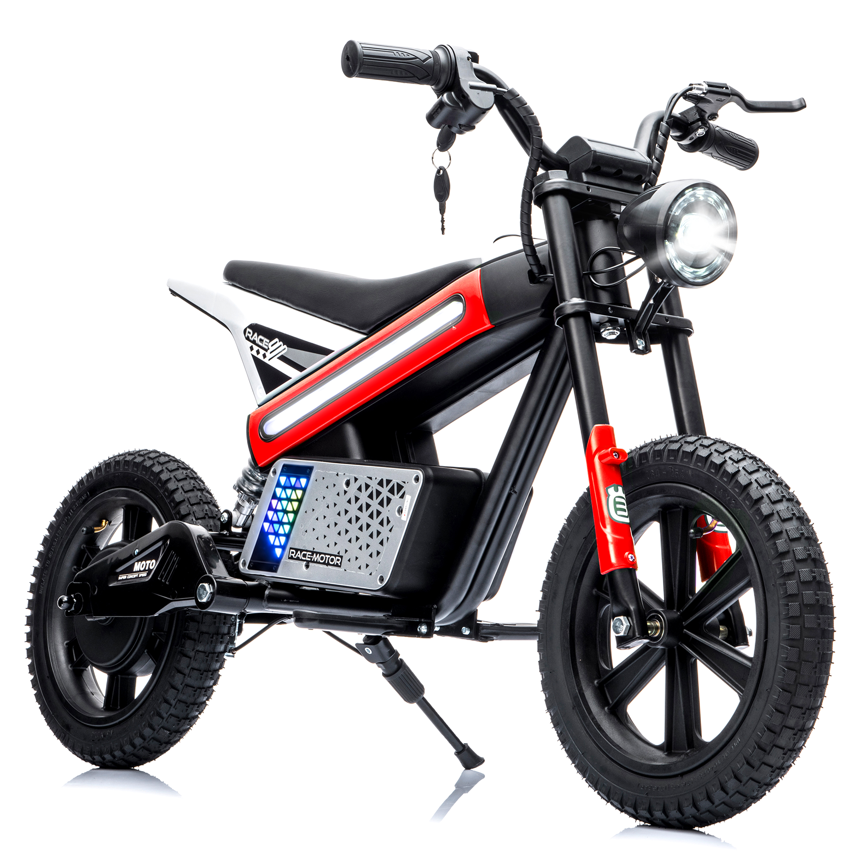 thumbnail video image 2 of 24V Kids Electric Dirt Bike, 300W Motorcycle for Big Kids Ages 6-12, 13 MPH, 14" Inflatable Tires, Twist Grip Throttle, Rear Spring Suspension, Key Start, Bluetooth, Red, 2 of 11
