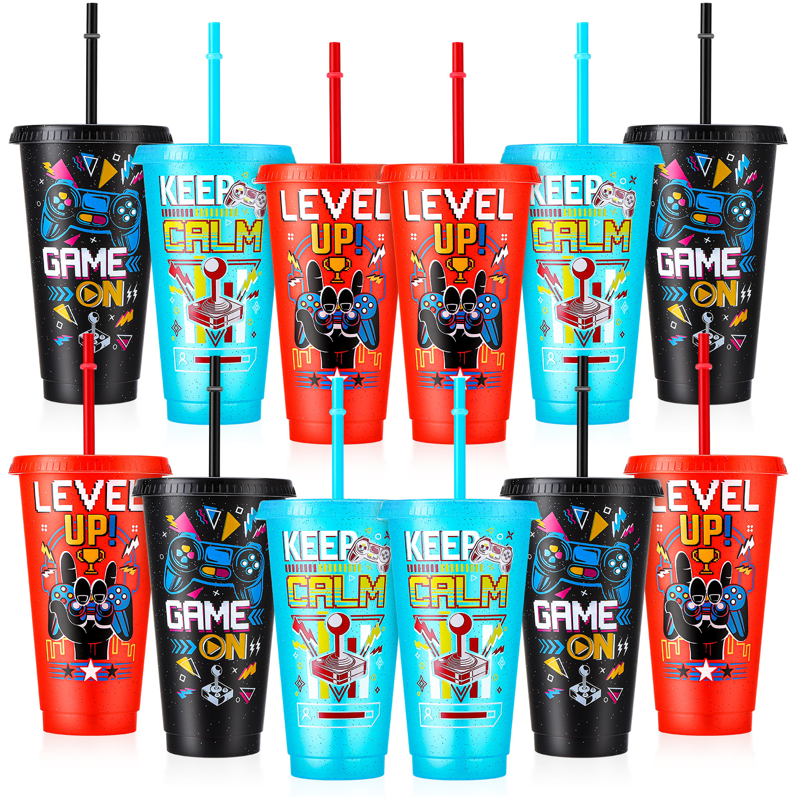 thumbnail video image 2 of Armscye 12 Pcs Video Game Party Favor Plastic Tumblers, 24 oz Plastic Tumblers with Lids and Straws, Reusable Video Gaming Cups for Classroom, Birthday, Gamer Party Favor Filler Supplies, 2 of 8