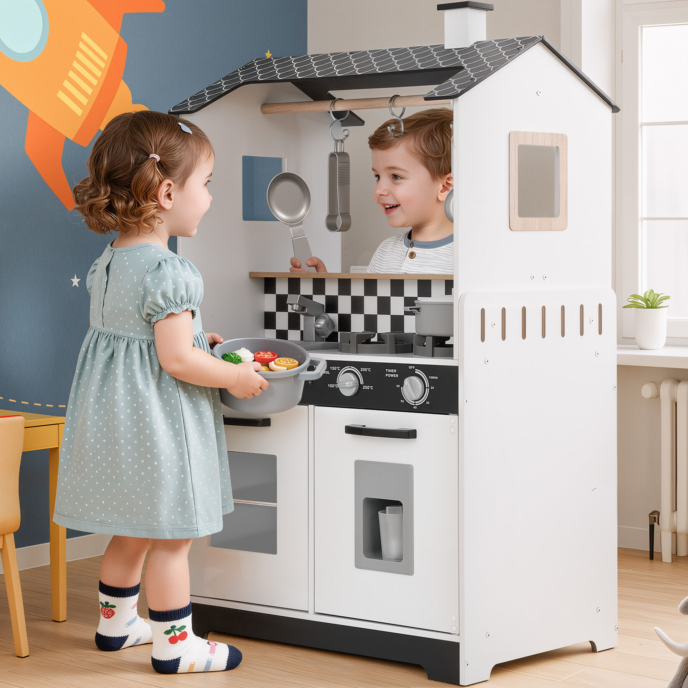 thumbnail video image 2 of iYofe Play Kitchen for Kids, Wooden Kids Kitchen Playset for Toddlers, Pretend Play Toy Kitchen Set with Stove, Oven, Ice Maker, Fridge, Cookware Accessories, Gift for Ages 3-5 Girls Boys, 2 of 11