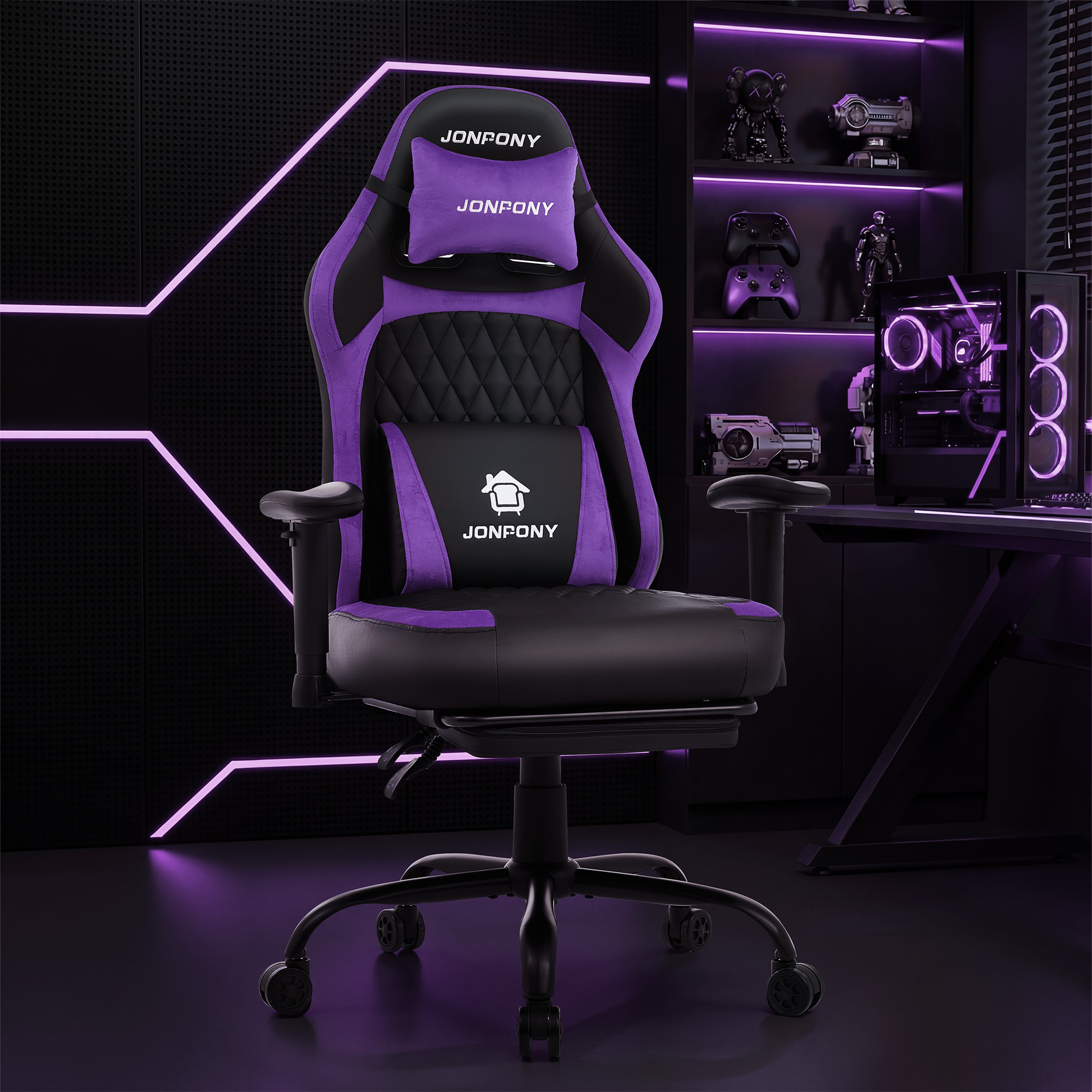 thumbnail video image 2 of JONPONY Big and Tall 500LBS Ergonomic Gaming Chair, Gamer Chair PU Leather with Footrest and Lumbar Support, High Back Office Chair Support 8 Hours Long Sitting, Computer Chair,2D Armrests，Purple, 2 of 9