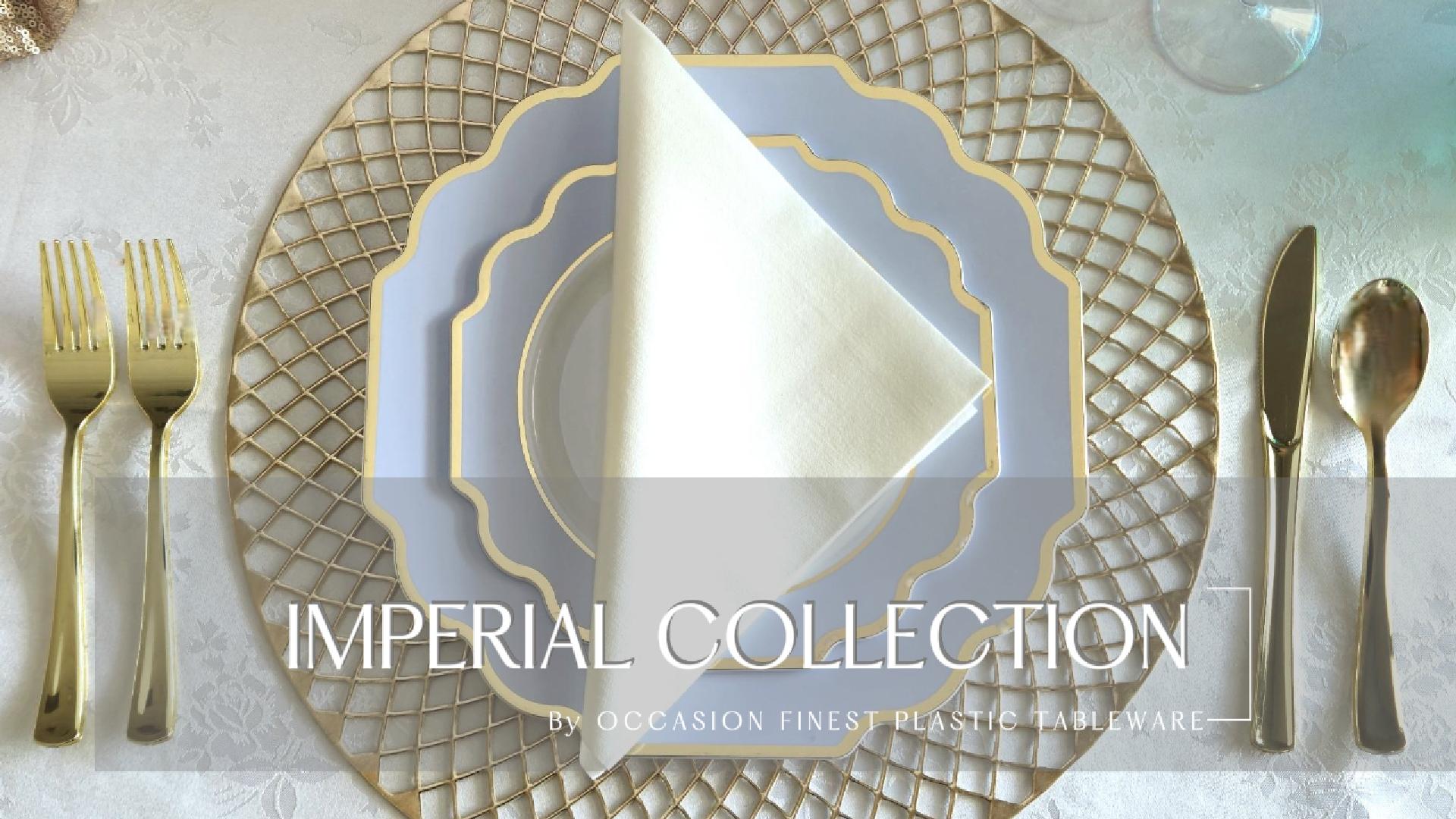 thumbnail video image 2 of " OCCASIONS " 50 Plates Pack (25 Guests)-Heavyweight Wedding Party Disposable Plastic Plate Set -(25x10.5'' Dinner + 25x8'' Salad/dessert (Imperial in White/Blue & Gold), 2 of 10
