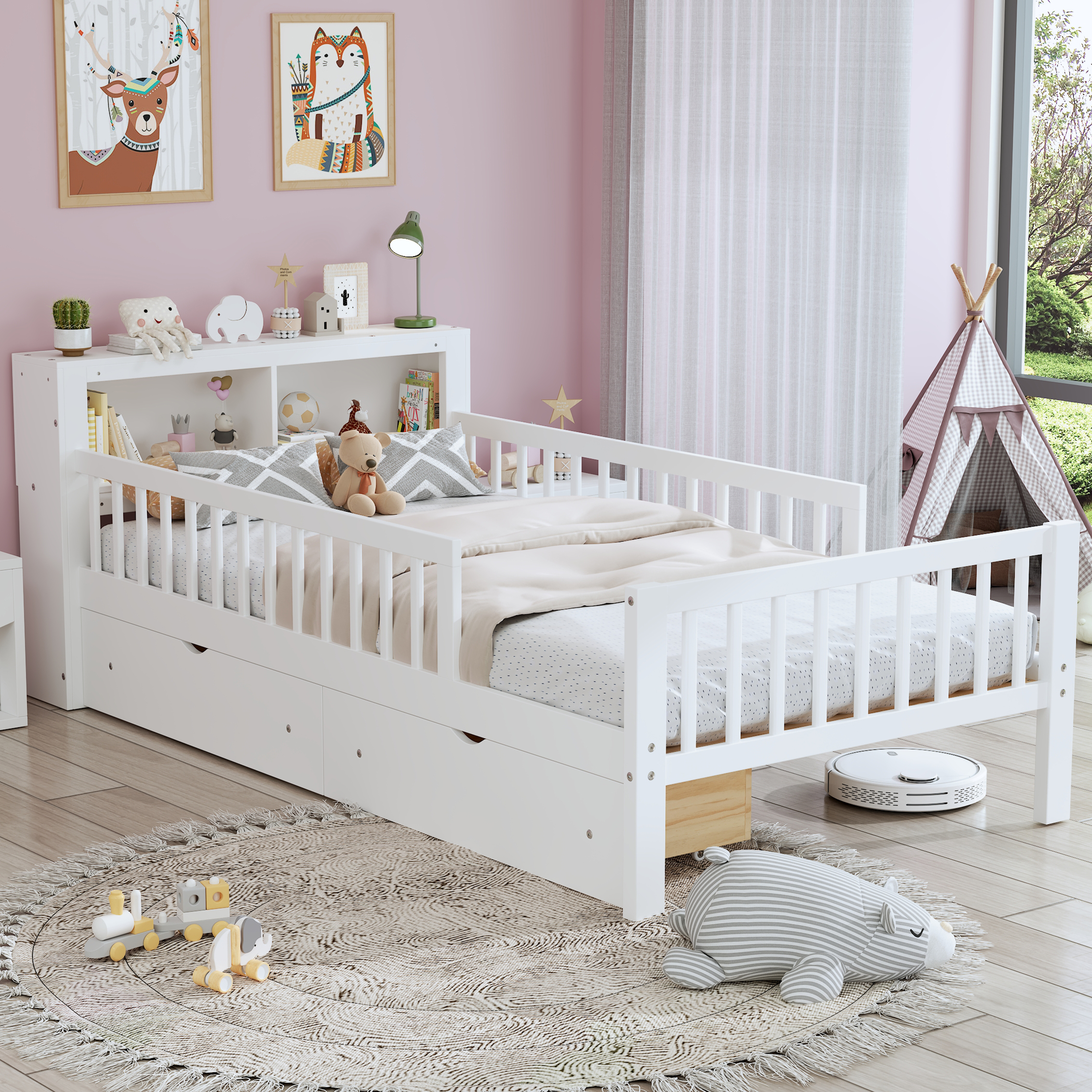 thumbnail video image 2 of Duxelifin Twin Size Bed with Storage - Solid Wood Platform Bed Frame with 2 Drawers & 3-Side Guardrails, Safe & Sturdy Design for Children & Teens（White, 2 of 9