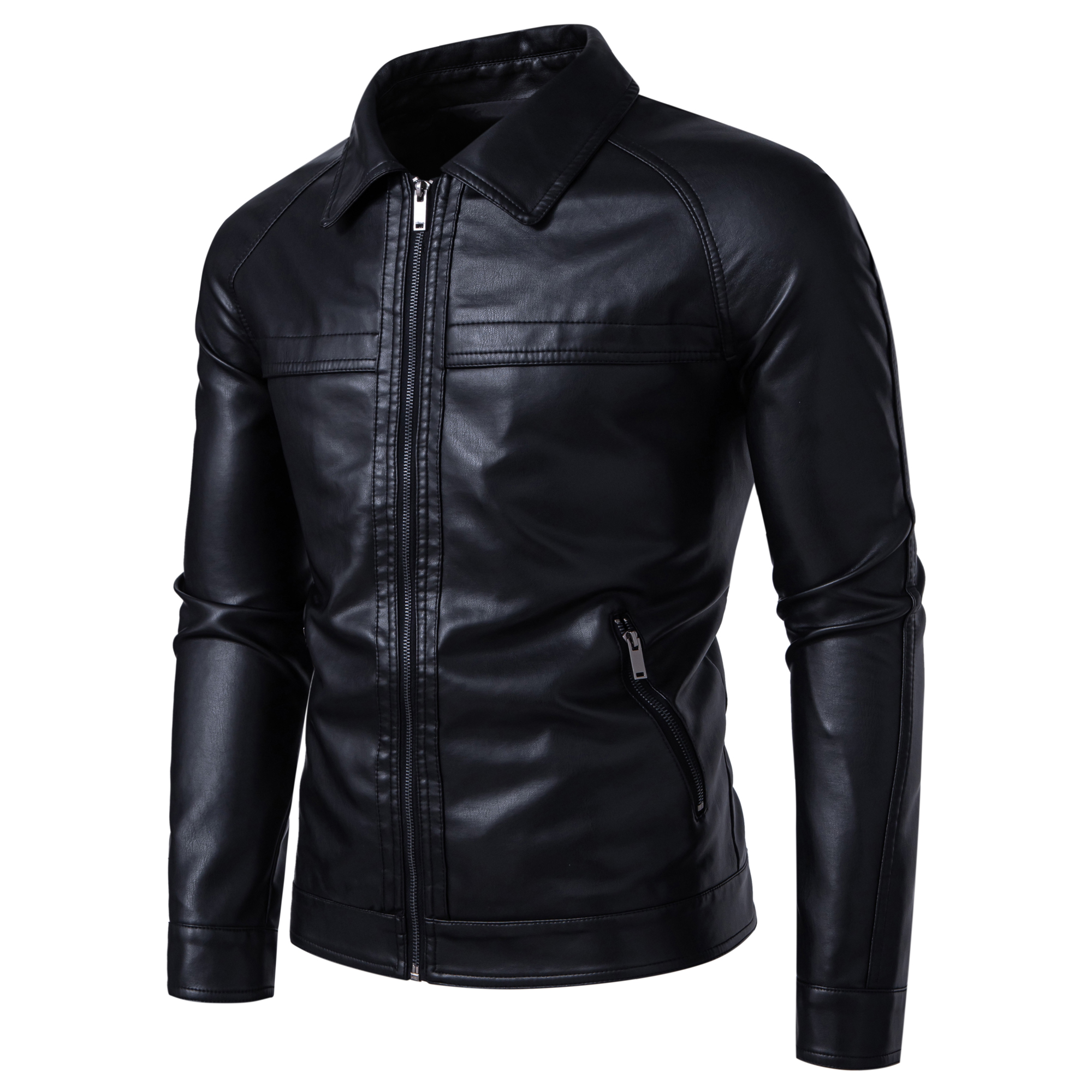 thumbnail video image 2 of Men's PU Leather Jacket with Shoulder Padding, Collared Motorcycle Coat, Stylish and Durable Outerwear for Everyday Use, 2 of 19