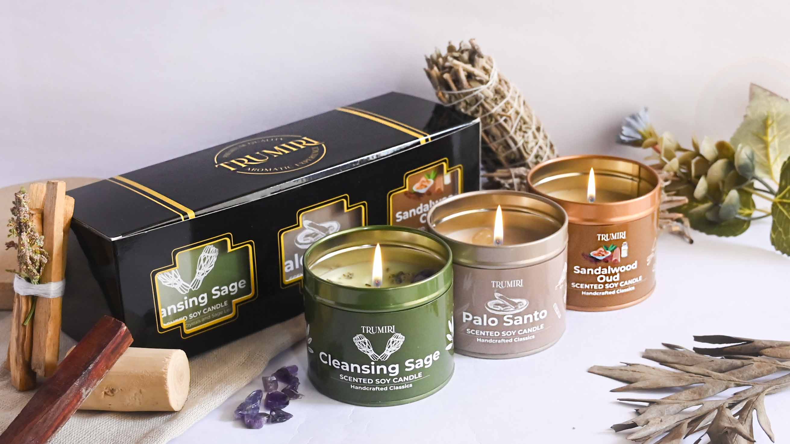 thumbnail video image 2 of Cleansing Sage, Palo Santo, Sandalwood Oud - Soy Candles Non Toxic - Highly Scented Long Lasting with Essential Oils - Variety Pack of 3 x 5oz - for Home Aromatherapy Meditation Gift Travel, 2 of 9