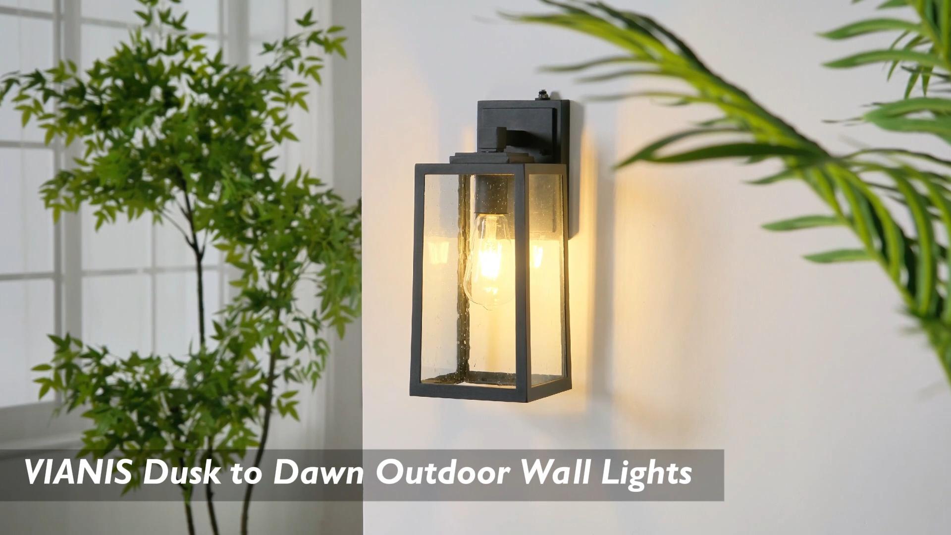 thumbnail video image 2 of VIANIS 2 Pack Dusk to Dawn Sensor Outdoor Porch Lights, Black Exterior Lighting Fixtures Wall Mount for House, Anti-Rust Modern Outside Garage Lights for Coach, Front Porch with Tempered Seeded Glass, 2 of 9