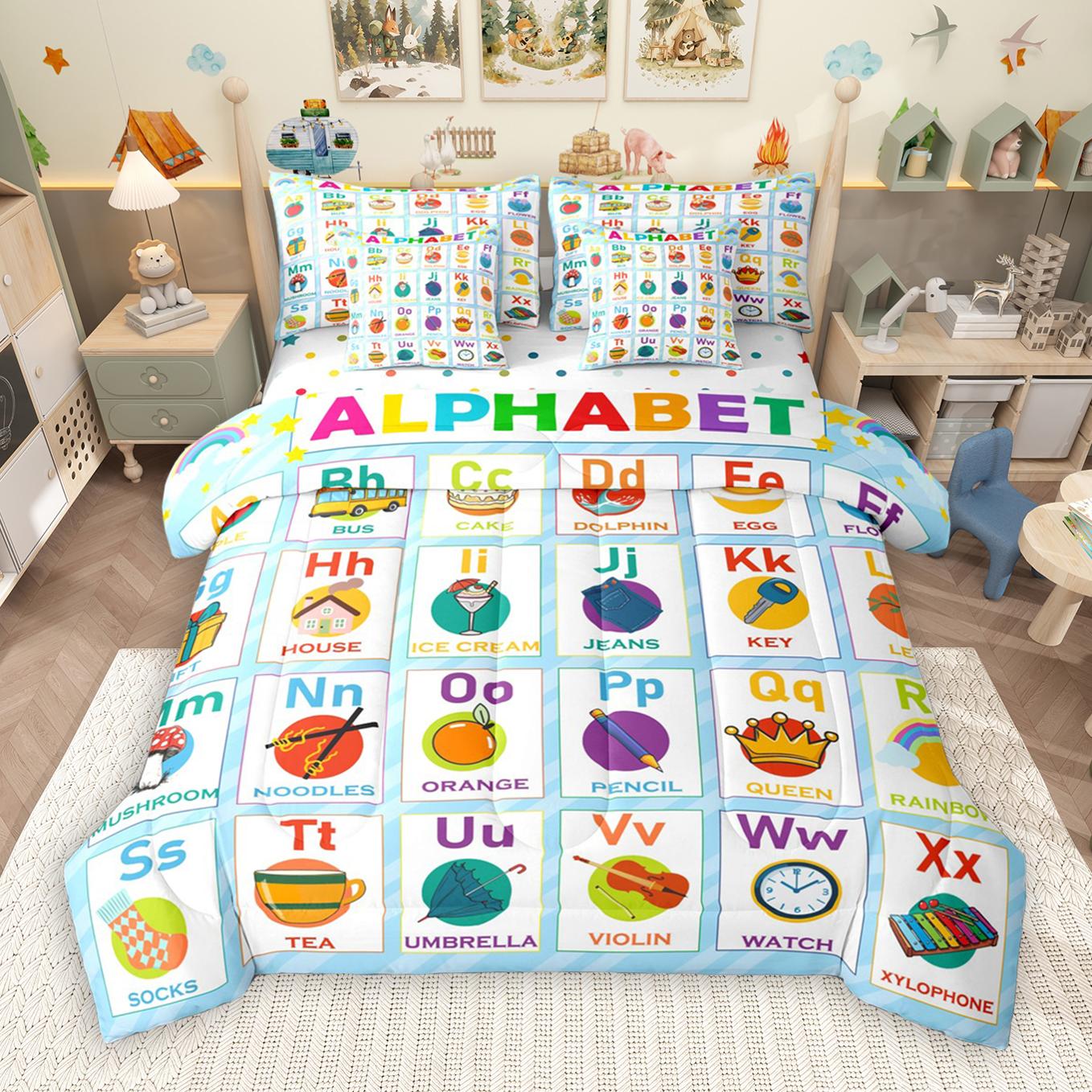 thumbnail video image 2 of Manfei Educational Learning 7-Piece Bedding Comforter Set,26 Letters Alphabet King Bedding Sets,Rainbow Abc Alphabet Bed Sheets For Kids,Ultra Soft Home Decor Reversible, 2 of 9