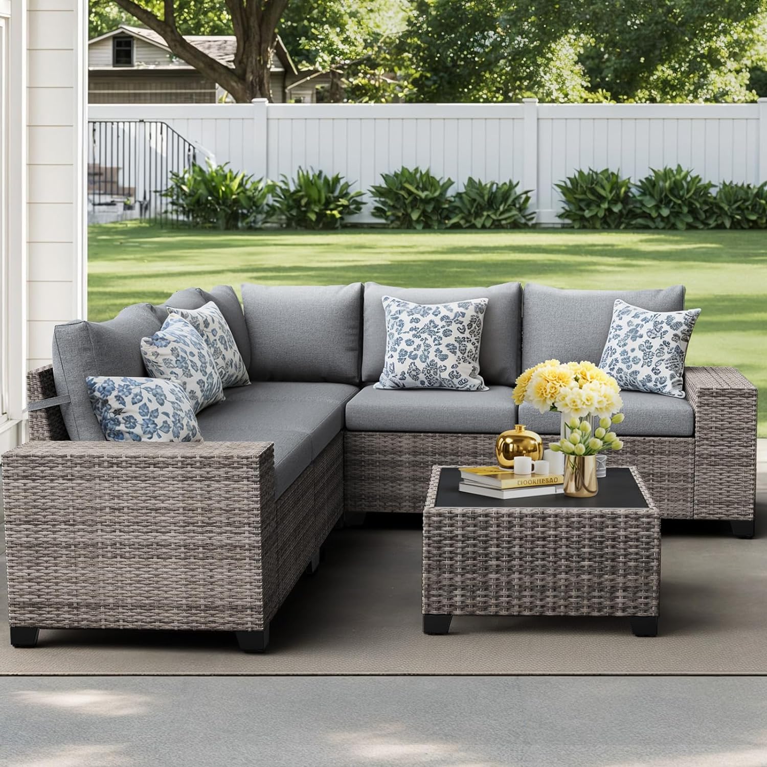 thumbnail video image 2 of JOIVI 6-Piece Patio Furniture Set, Rattan Outdoor Conversation Set with Coffee Table, Wicker Sectional Sofa Set with Wide Armrest for Yard, Background, Gray, 2 of 12