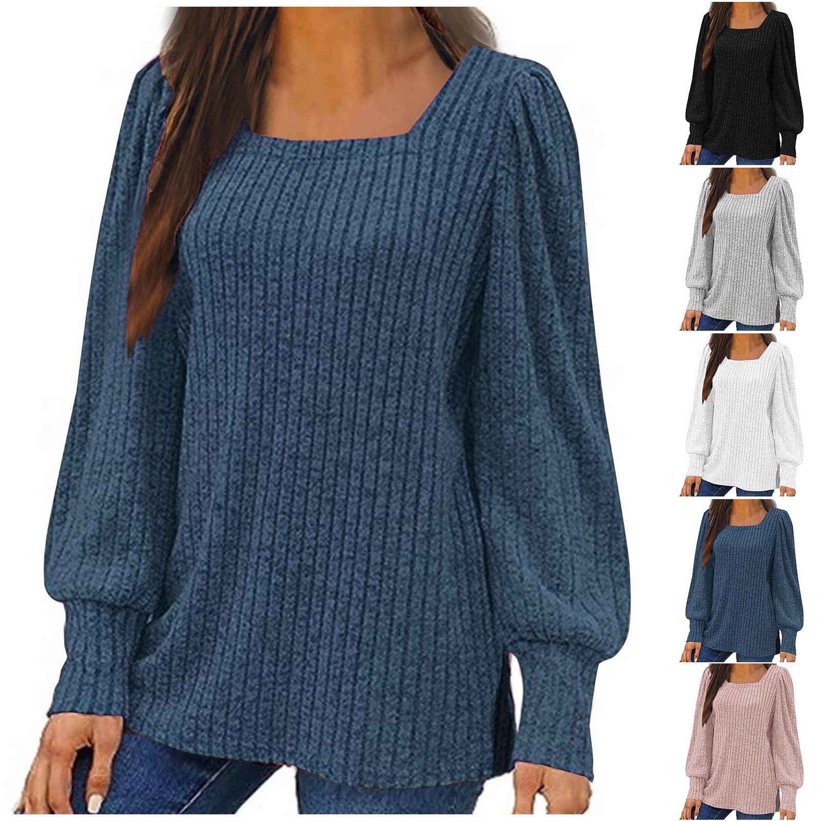 thumbnail video image 2 of WREESH Women's Spring Casual Knit Sweater Solid Color Puff Long Sleeve Shirts Square Neck Elegant Tunic Tops Coffee, 2 of 6