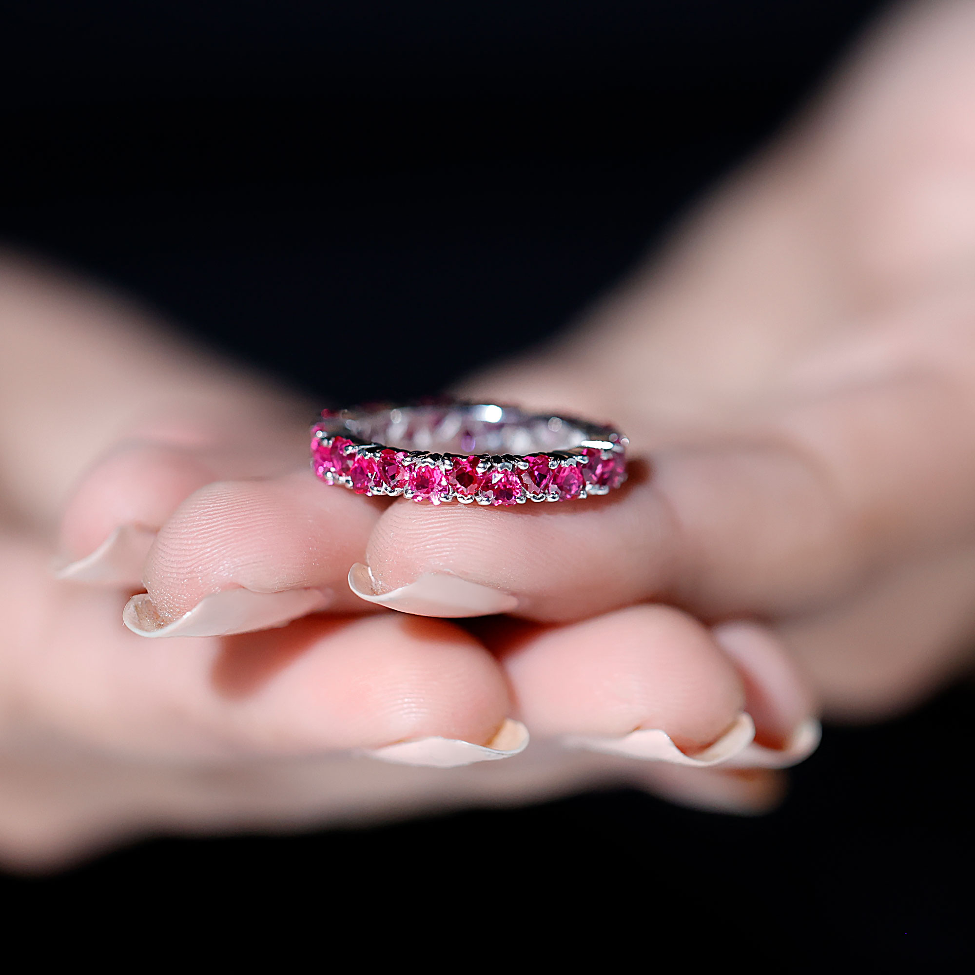 thumbnail video image 2 of Rosec Jewels Heart Shape Lab Grown Pink Sapphire Eternity Ring for Women - AAAA Quality, 14K Yellow Gold, US 10.00, 2 of 9