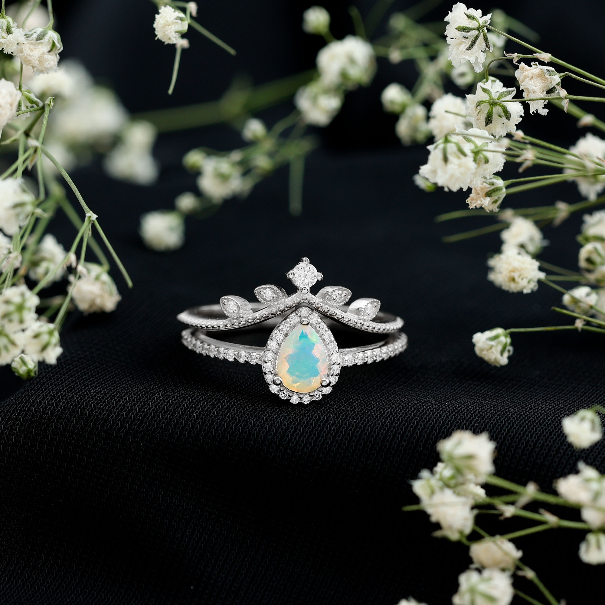 thumbnail video image 2 of Rosec Jewels Vintage Style Ethiopian Opal Wedding Bridal Ring Set of 2 - AAA Grade - Opal Diamond Engagement Ring with Enhancer, 18K White Gold, US 7.00, 2 of 10