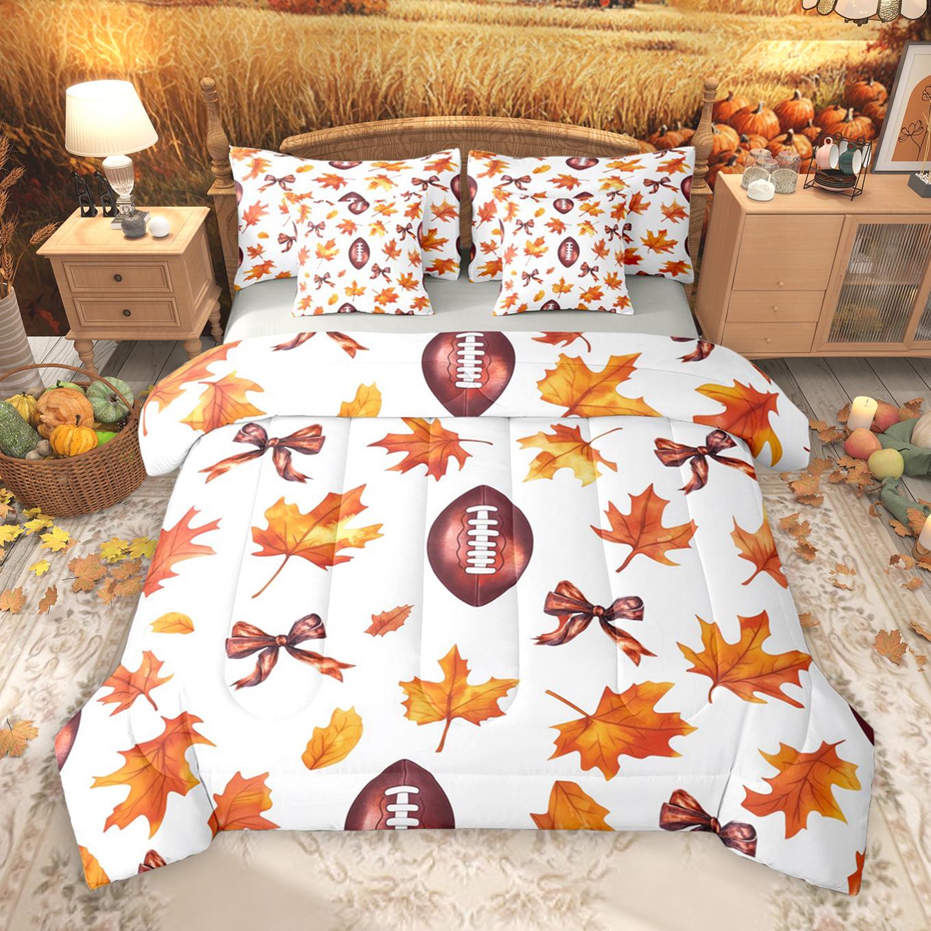 thumbnail video image 2 of Manfei Autumn Cozy Season 7pcs Bedding Comforter Set,Cute Bowtie Bowknot Queen Bedding Sets,Brown Autumn Pumpkin Maples Queen Sheet Sets For Adults,Luxury Bedroom Decor Reversible, 2 of 9