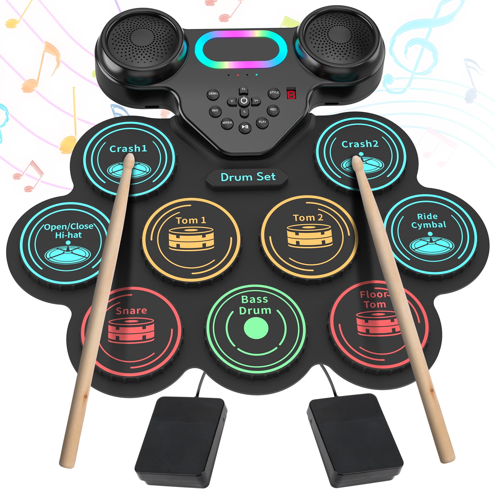 thumbnail video image 2 of Dammyty Upgrade 9 Pads Kids Adults Electronic Drum Sets Kit with Headphone Jack and Dual Bluetooth Speaker Wireless Connection for Christmas Birthday Gift, 2 of 10