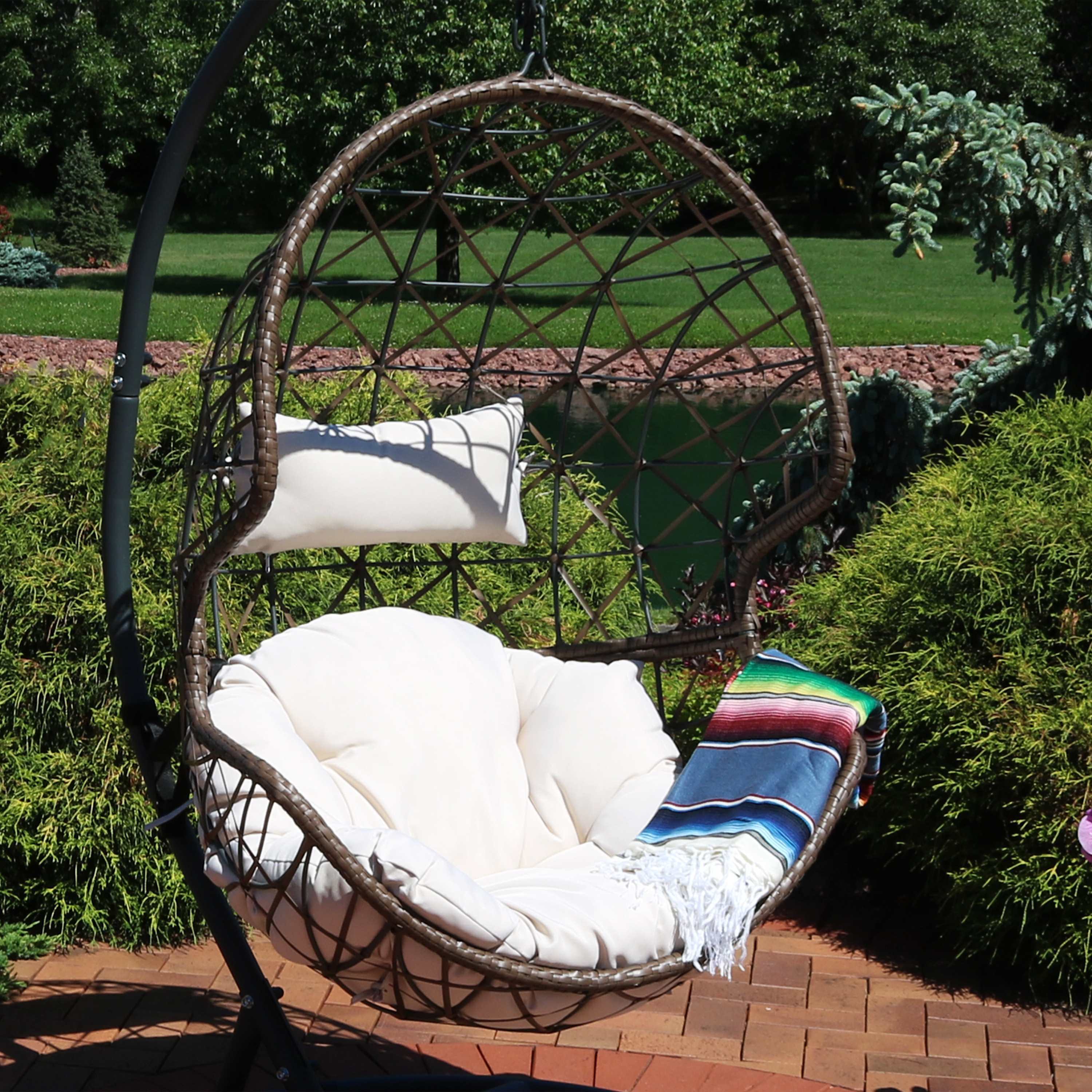 thumbnail video image 2 of Sunnydaze Danielle Resin Wicker Egg Hanging Chair with Cushions, Gray, 2 of 8