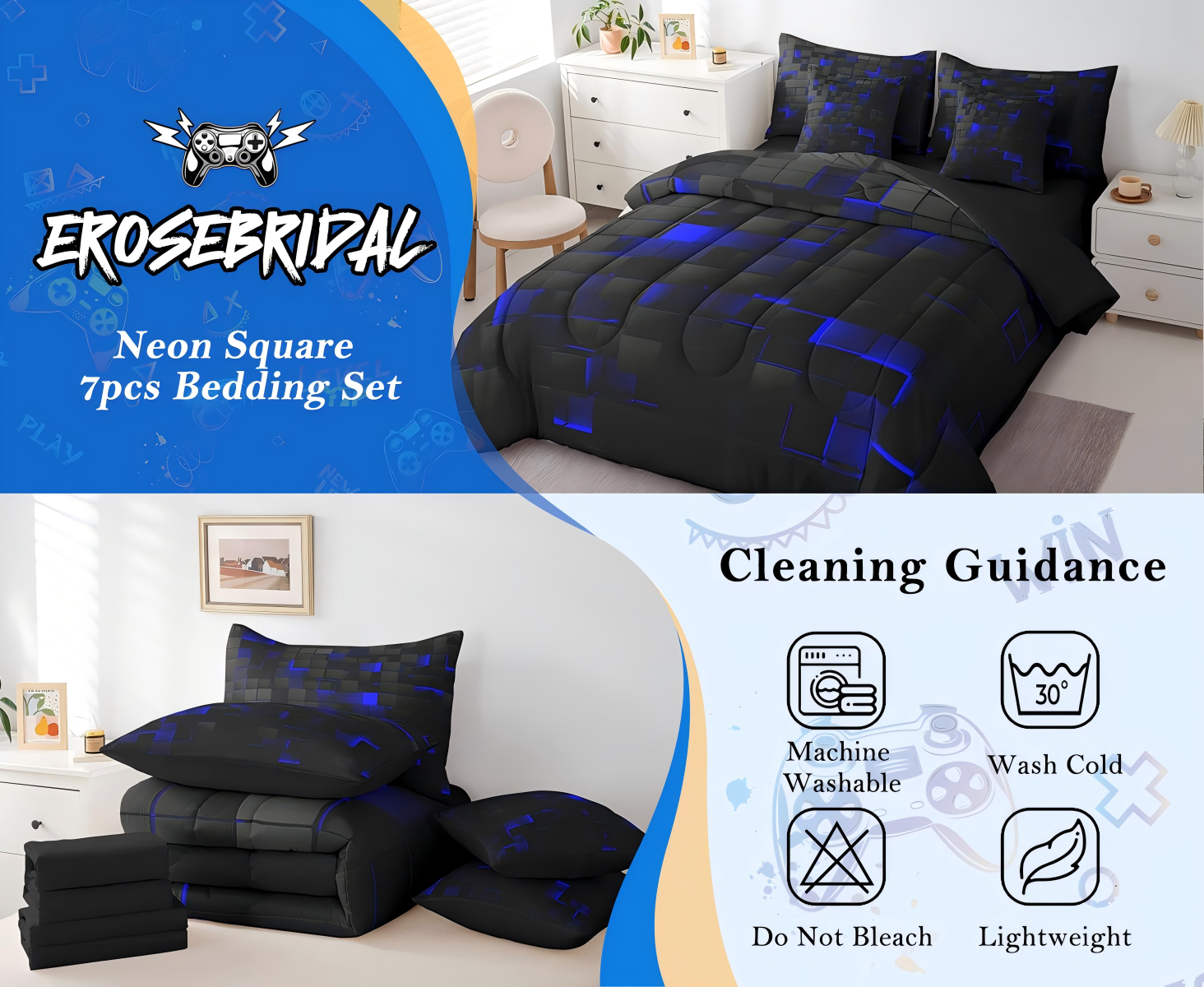 thumbnail video image 2 of Light Pink Black Twin Bedding Set,Abstract Geometric Comforter Set 7 Piece Neon Plaid Checkered Bed in a bag For Teen Women Stereoscopic Square Grids Bed Set, 2 of 6