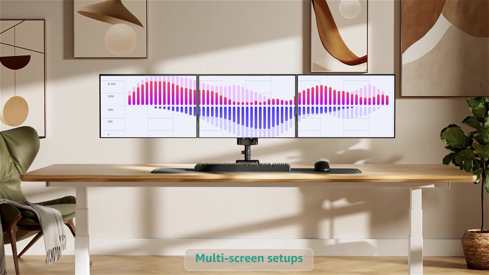 thumbnail video image 2 of MOUNT PRO Gas Spring Arm Triple Desk Monitor Mount with Dual C-Clamp for 3 Screens up to 32 Inches, Supports 4.4-19.8 lb Display for Home Office & Gaming, 2 of 9