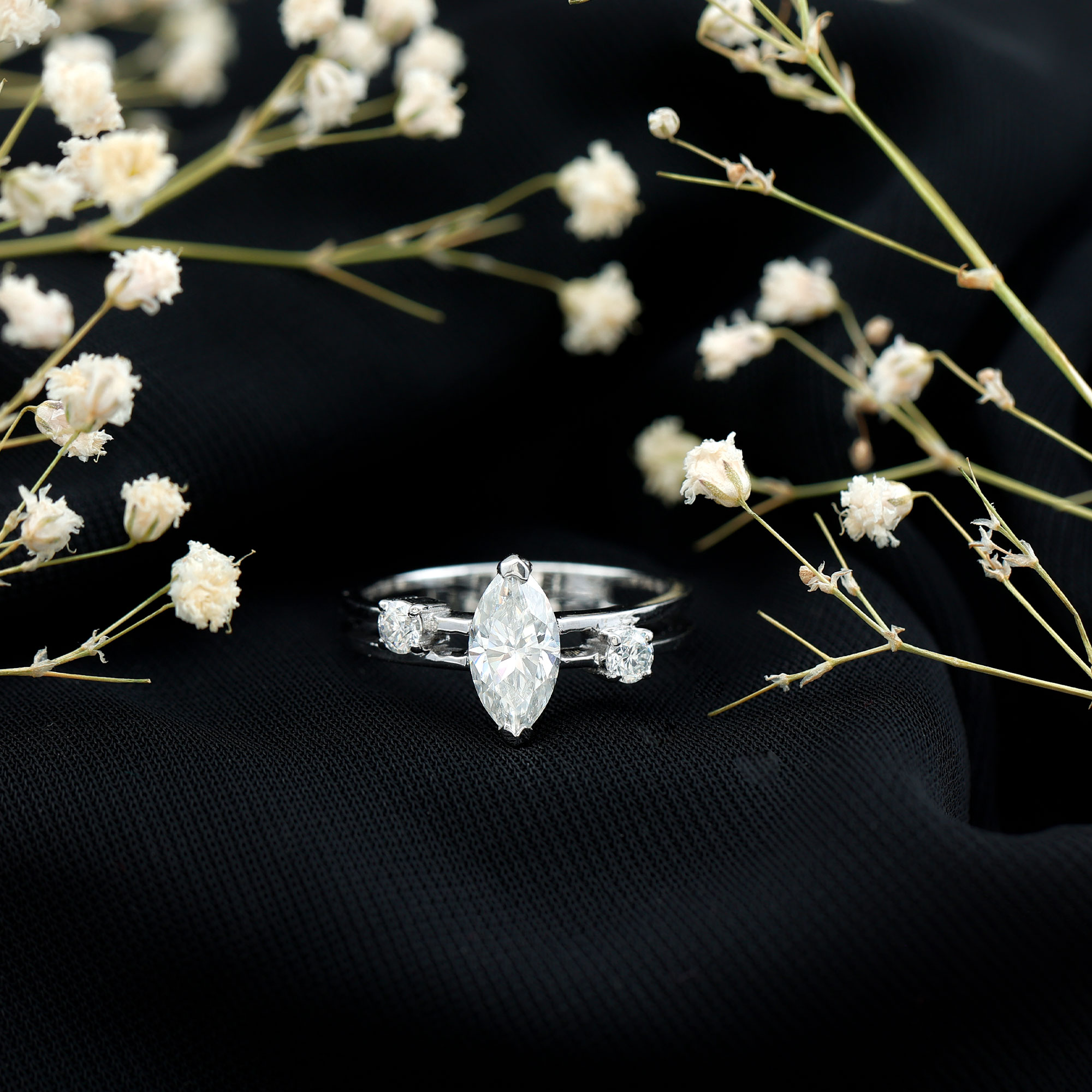 thumbnail video image 2 of Rosec Jewels Moissanite Marquise Engagement Ring 1 Ct - Double Band Ring for Women - 5X10 mm - D-VS1 Quality, 10K White Gold, US 10.50, 2 of 8