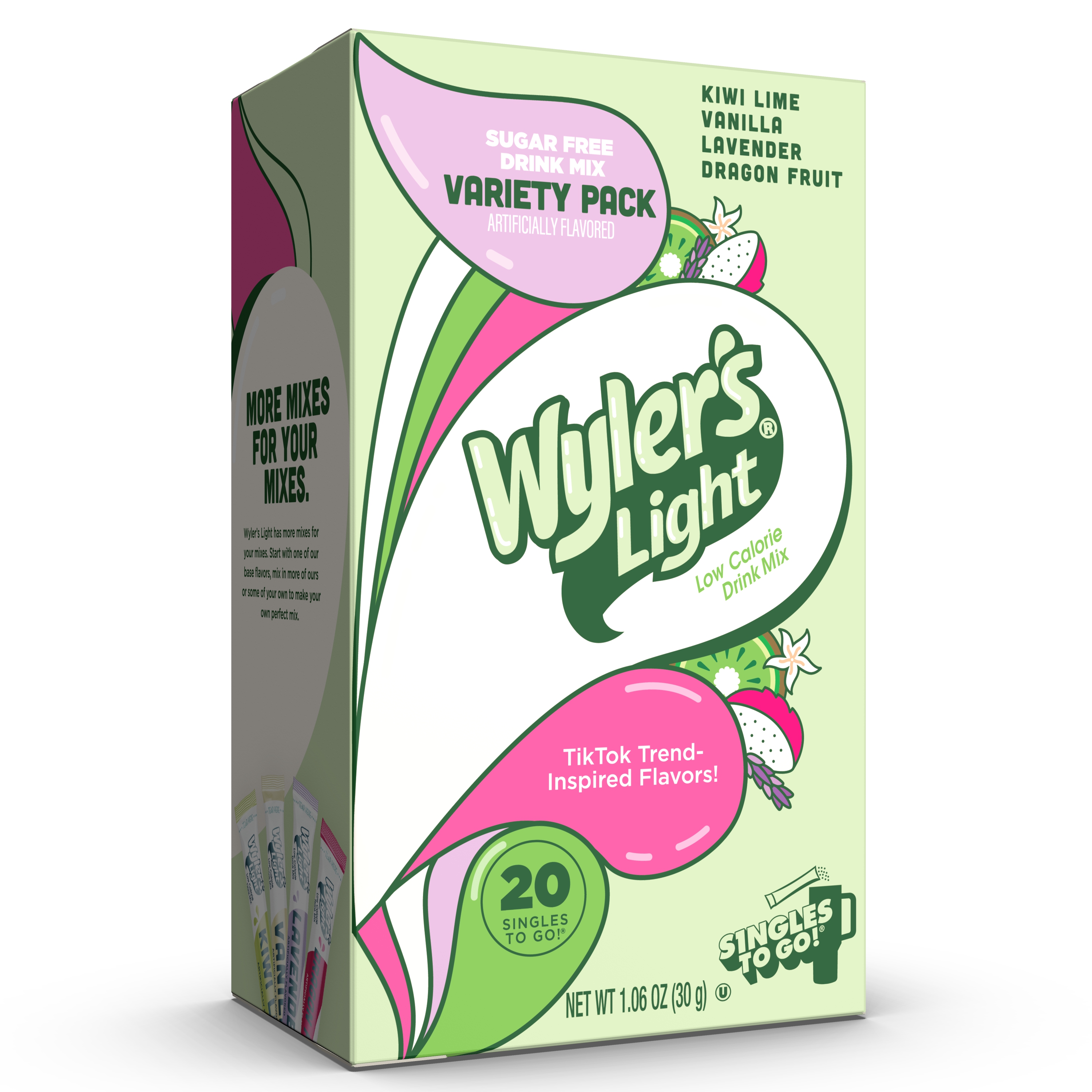thumbnail video image 2 of Wyler's Light Watertok Singles to Go Powdered Drink Mix Variety pack, Base Flavors, Kiwi Lime, Vanilla, Lavender, Dragon Fruit, 20 Count Packets, 2 of 11