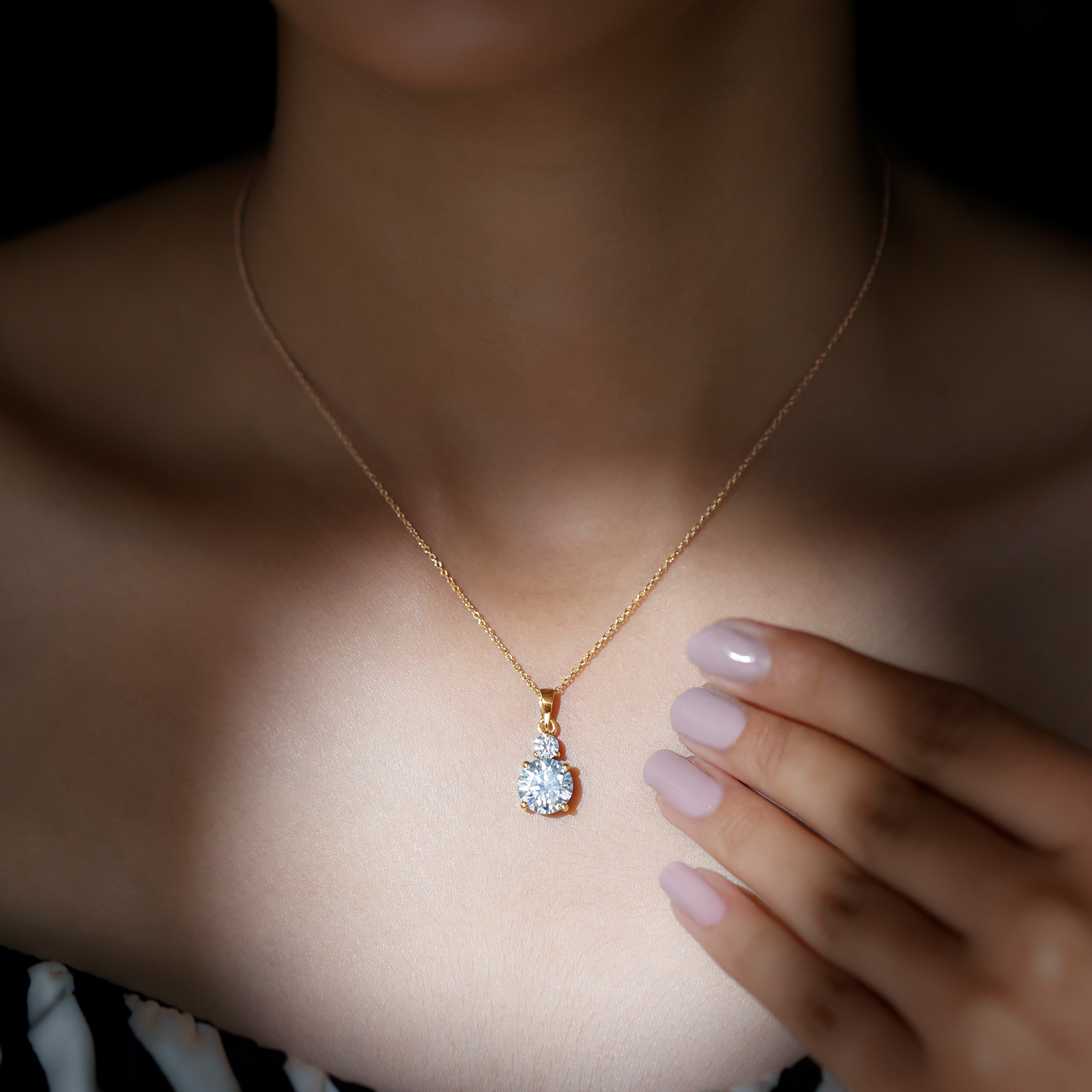 thumbnail video image 2 of Rosec Jewels Certified Moissanite Pendant Necklace for Women, Two Stone Pendant (D-VS1 Grade), 18K Yellow Gold, 2 of 8