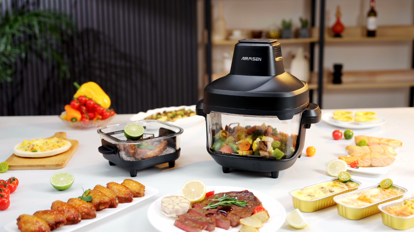 thumbnail video image 2 of AIRMSEN Portable Glass Air Fryer, 4.8QT & 1.3QT Non-Toxic Glass Bowls, Max 450°F, 4 Preset Modes with Adjustable Time & Temp, Dishwasher-Safe, 1500W, 2 of 11