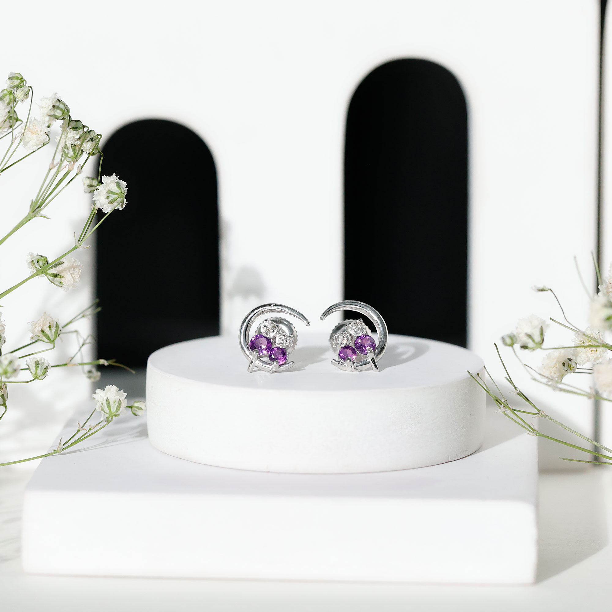 thumbnail video image 2 of Rosec Jewels Genuine Amethyst and Diamond Cat Moon Stud Earrings- AAA Quality, 10K White Gold, 2 of 7