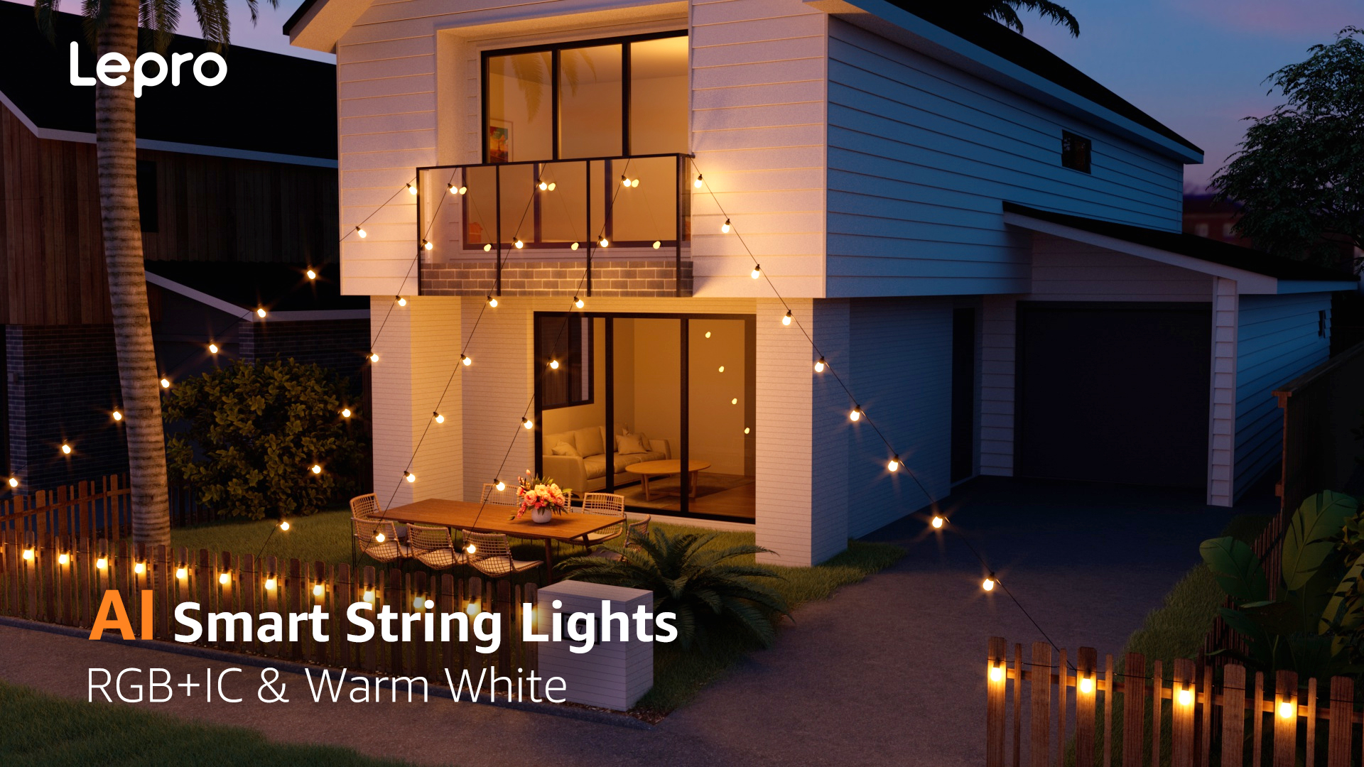 thumbnail video image 2 of Lepro ZB1 AI Smart Outdoor String Lights ZB1, 54(42+12)ft RGB+IC Warm White 15 LED Bulbs, Alexa Google Enabled, LightBeats Music Sync, AI Generated Lighting LLM, 2.4 GHz WiFi/Bluetooth, 2 of 11