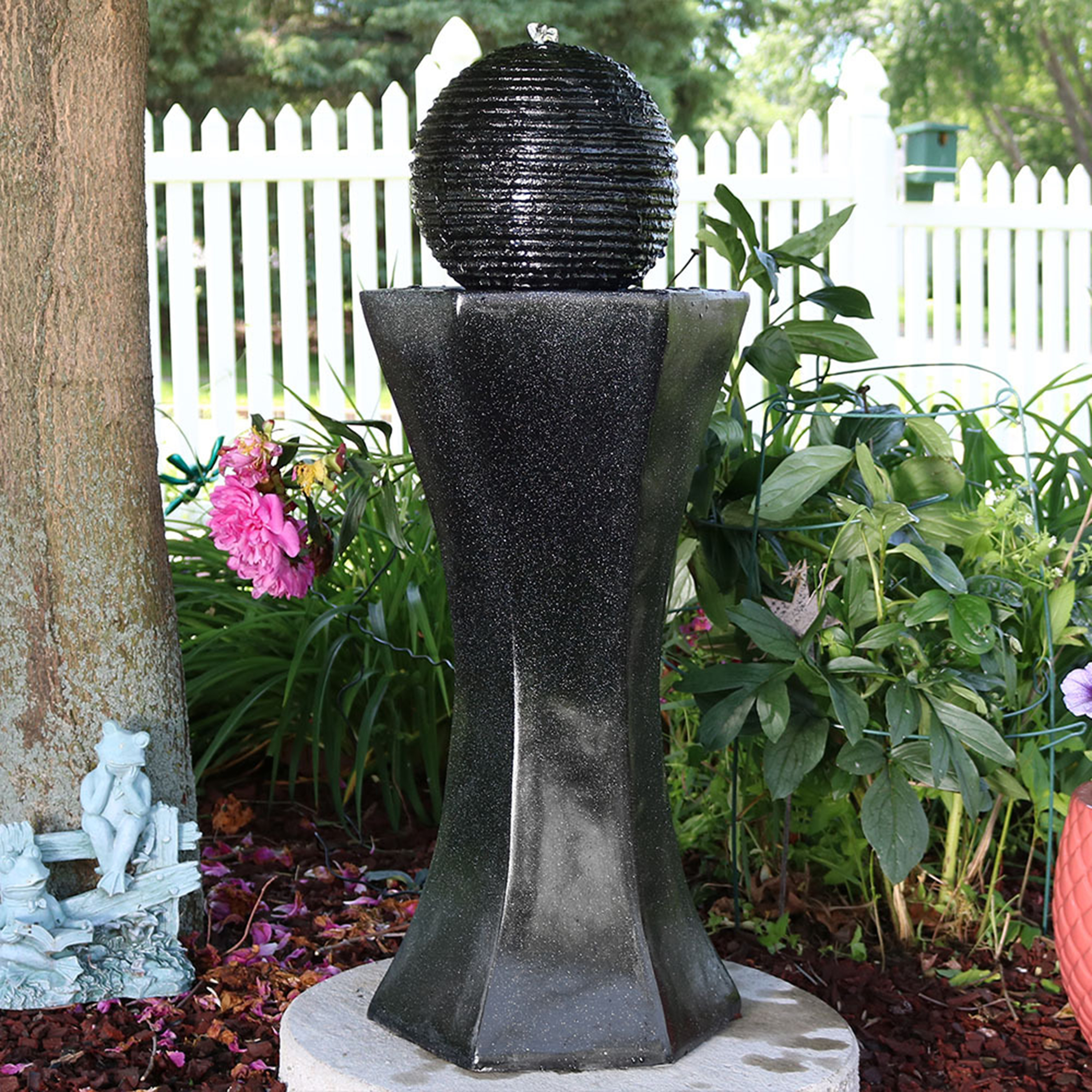 thumbnail video image 2 of Sunnydaze Modern Black Polyresin Pedestal and Ball Solar Water Fountain with LED Lights, 2 of 7