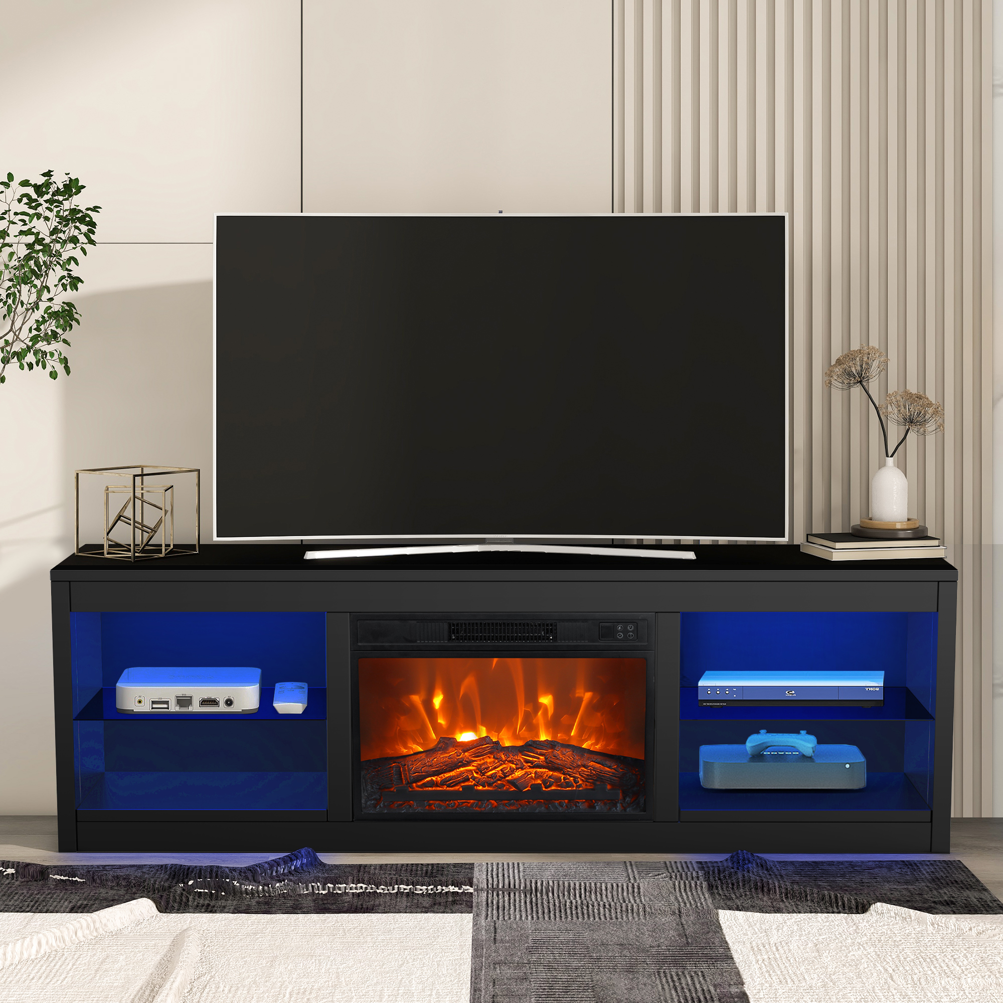 thumbnail video image 2 of IHOMEadore Fireplace TV Stand for TVs up to 75 Inch, 66 Inch Entertainment Console with 23" Electric Fireplace, 2 of 13