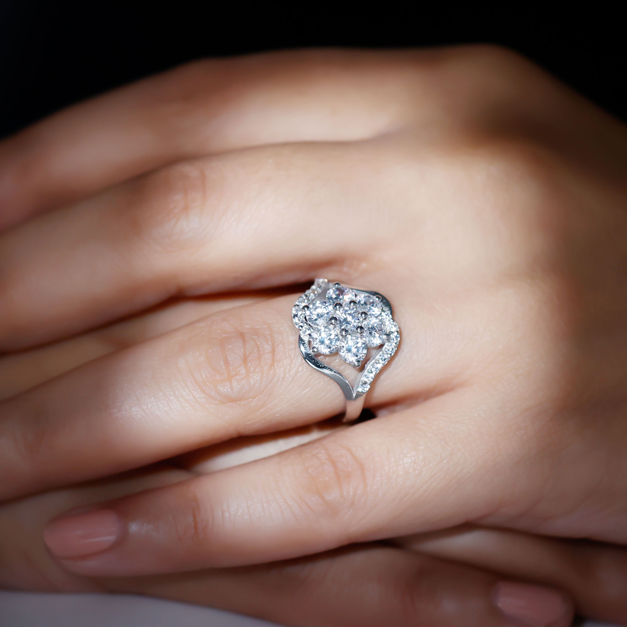 thumbnail video image 2 of Rosec Jewels Lab Created Diamond Flower Ring - Statement Engagement Ring - EF-VS Quality, 10K White Gold, US 13.00, 2 of 9