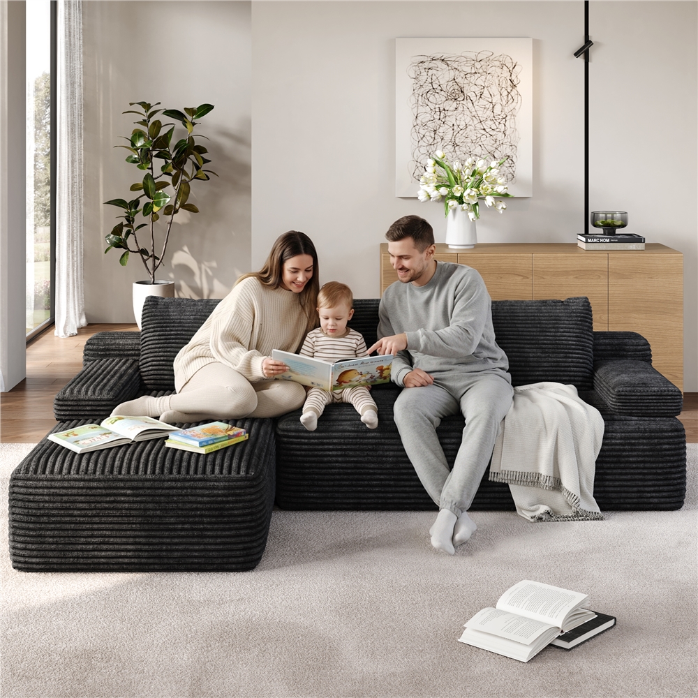 thumbnail video image 2 of Renwick 110" Free Assembly L-Shaped Cloud Couch, Corduroy Sectional Sofa with 2 Armrests & 3 Detachable Pillows for Livingroom, Dark Gray, 2 of 11