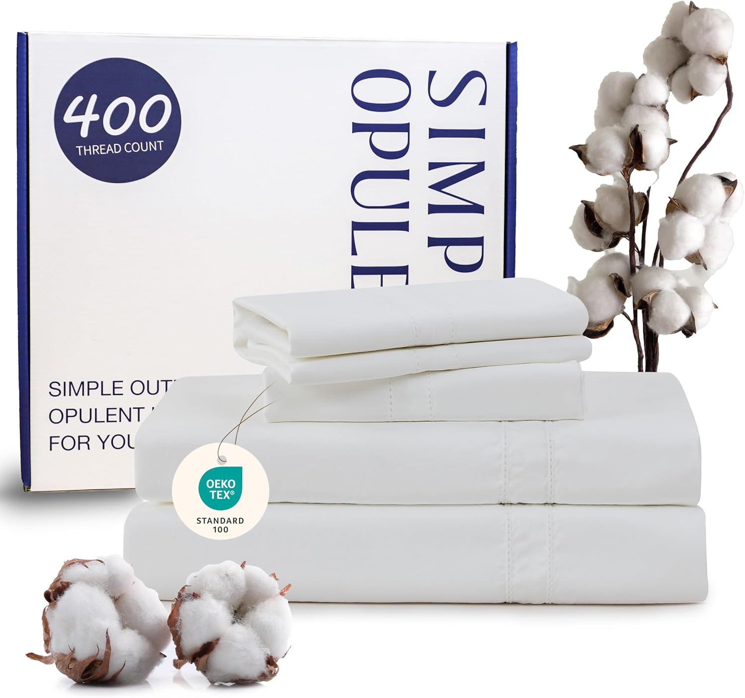 thumbnail video image 2 of Simple&Opulence 100% Egyptian Cotton 400 Thread Count Queen Sheets-4 Pc Long Staple Pure Soft Sateen Weave Set-16” Deep Pocket Cooling Luxurious Bed Sheet with Double Hemstitch(White,Queen), 2 of 9