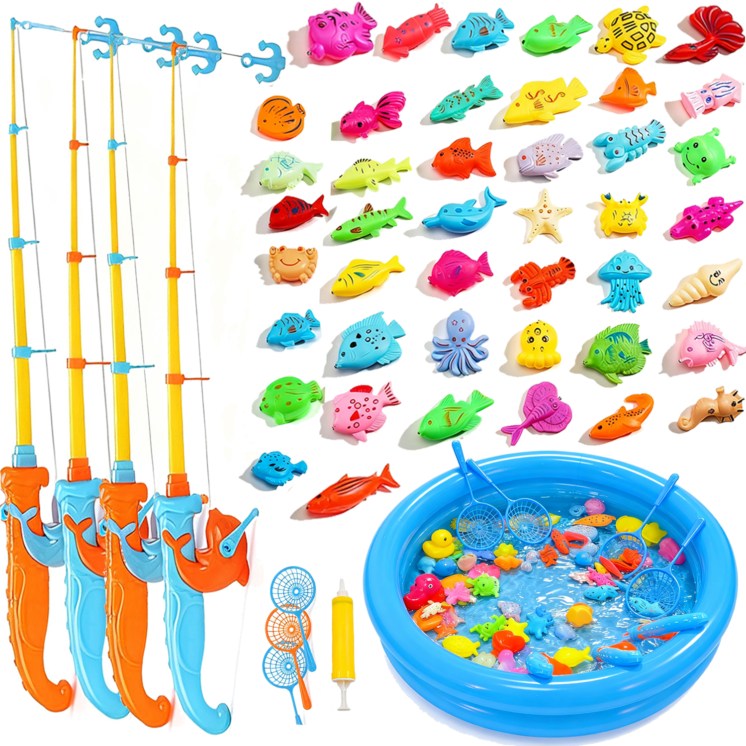 thumbnail video image 2 of VANNYVANYA Fishing Game Toy for Kids, with Pool and Extendable 4 Fishing Rod Set, Bath Toys, Water Table Accessories ﻿, 2 of 8