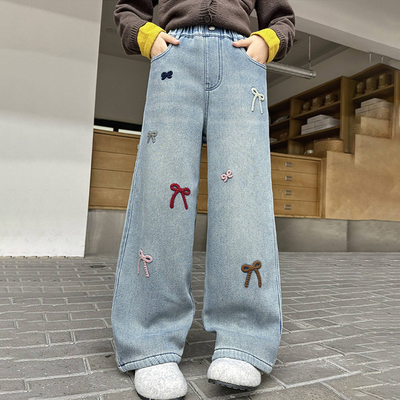 thumbnail video image 2 of Girl jeans Baggy Wide Leg Elastic Waist Cargo Trousers Denim Pants with Pockets Cute Pants for Girls Size 13-14 Years, JN2-Light Blue, 2 of 9