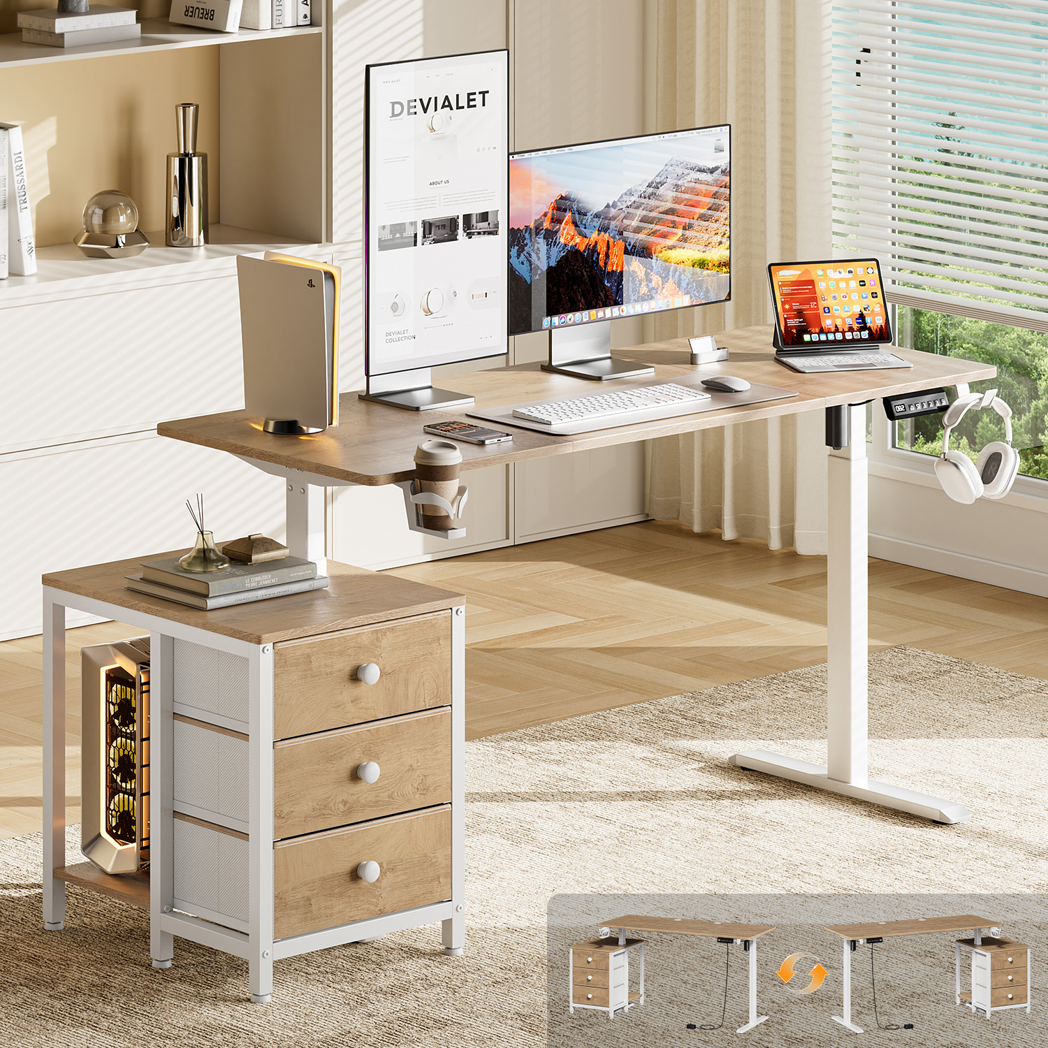 thumbnail video image 2 of GUNAITO 55.1" Electric Standing Desk with 3-Drawer Cabinet, Adjustable Height Desk with Memory Panel, Office & Gaming Desk，Nutural, 2 of 12