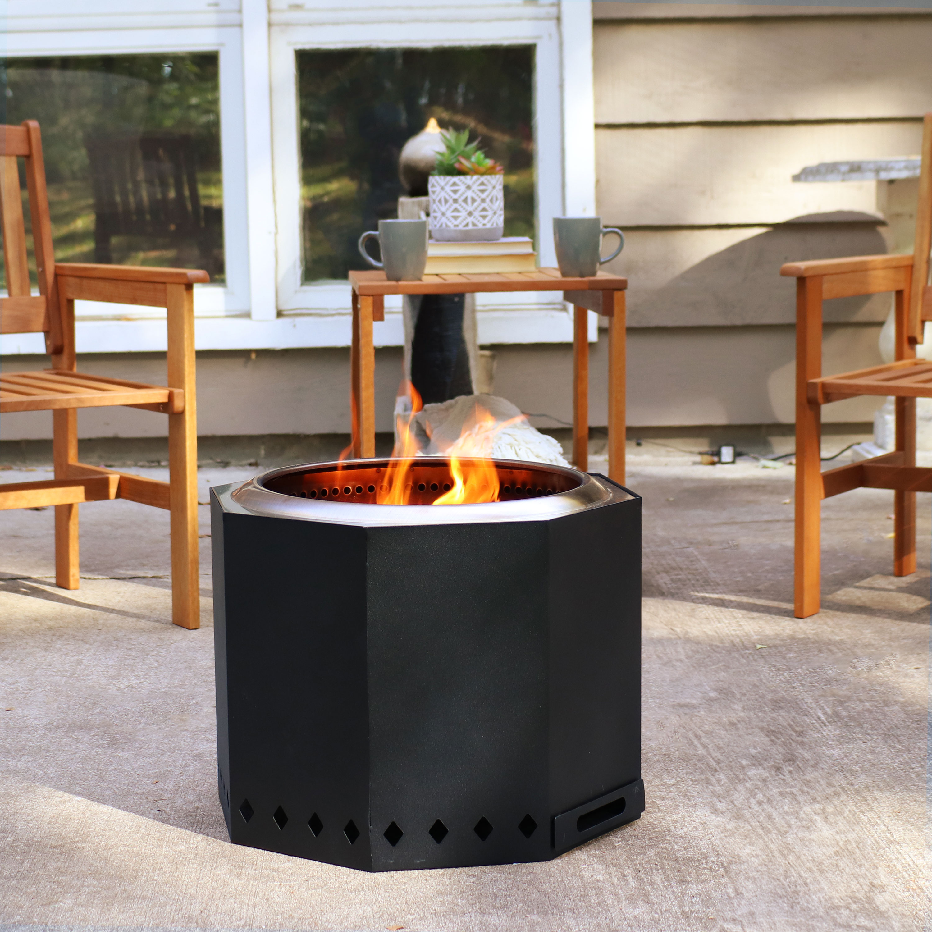 thumbnail video image 2 of Sunnydaze 21.5" Octagon Wood-Burning Black Finish Steel Smokeless Fire Pit with Poker, 2 of 10