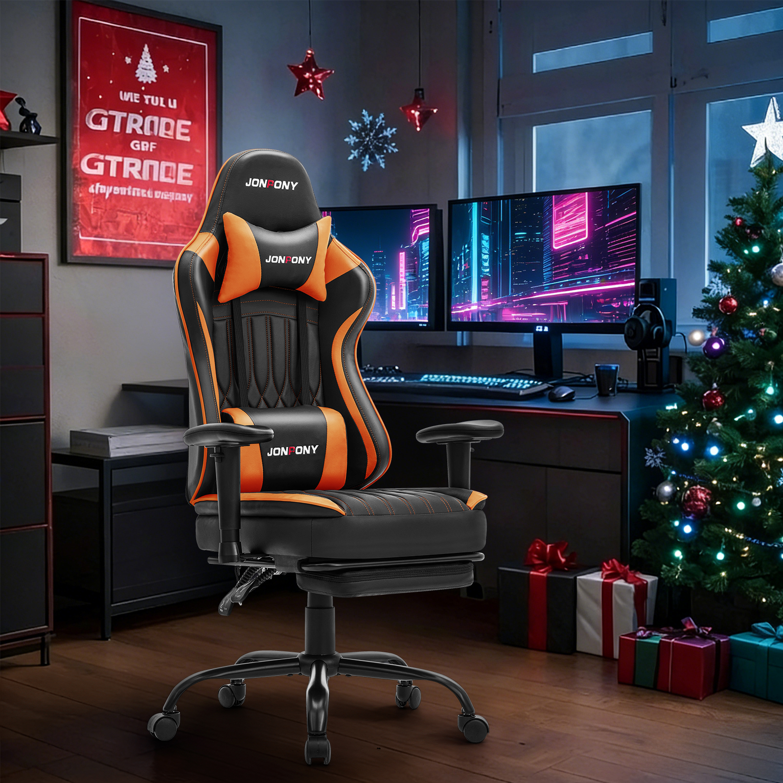 thumbnail video image 2 of JONPONY Big and Tall 500lbs Gaming Chair with Bluetooth Speakers, Gamer Chair with Footrest and Lumbar Support & 360-Swivel Seat, Ergonomic Gamer Chair with Headrest, Orange, 2 of 9