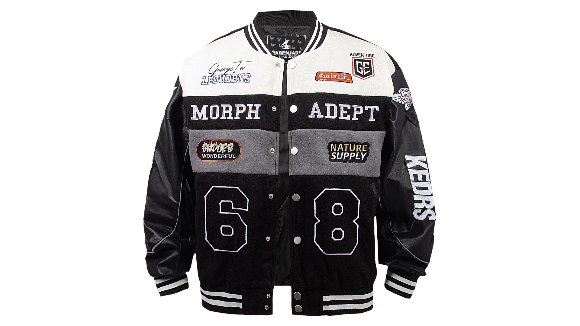 thumbnail video image 2 of RAOENJADO Mens Racing Jacket Vintage Varsity Bomber Coat with Faux Leather Sleeves Streetwear, 2 of 7