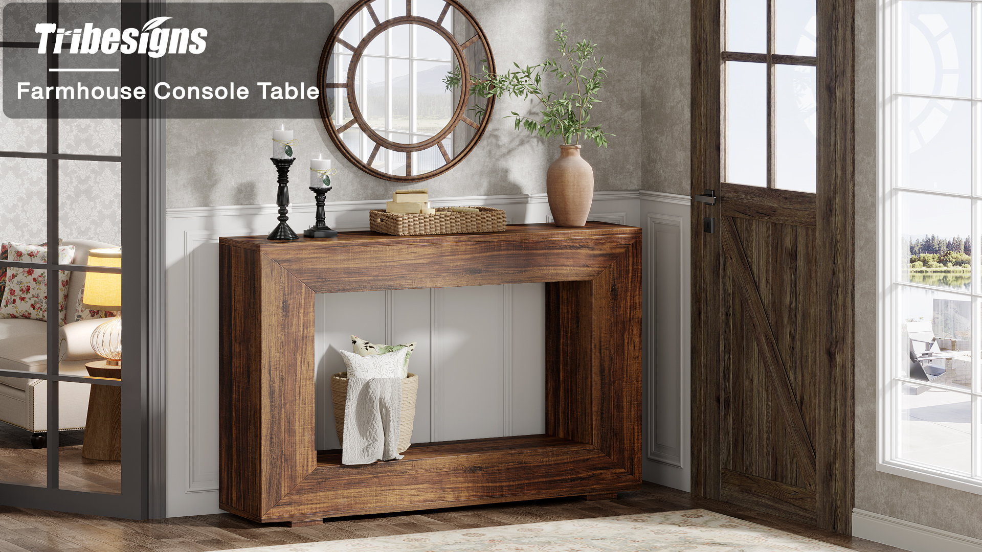thumbnail video image 2 of Tribesigns Farmhouse Console Table, 47-Inch Wood Storage Entryway Accent Table, Brown, 2 of 9