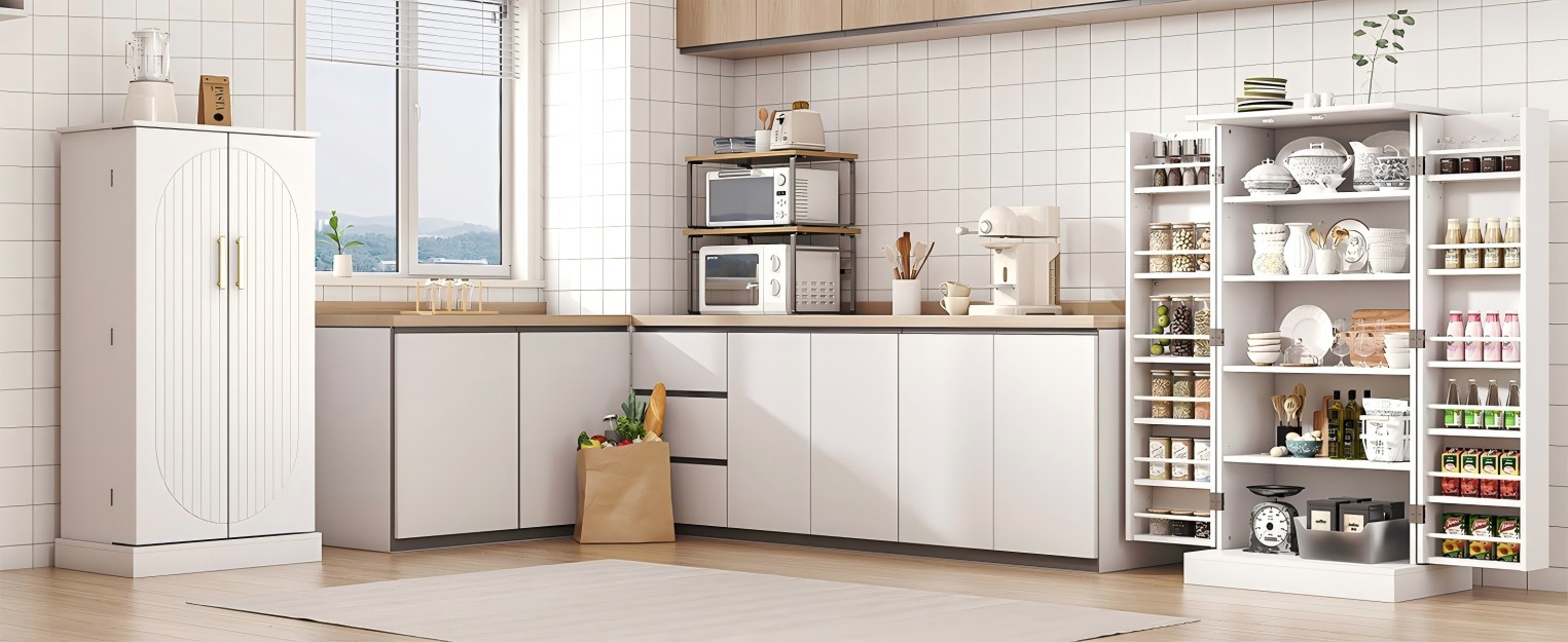 thumbnail video image 2 of ETASE Kitchen Pantry Cabinet with Adjustable Shelves, Medium Density Fiberboard White, 2 of 11