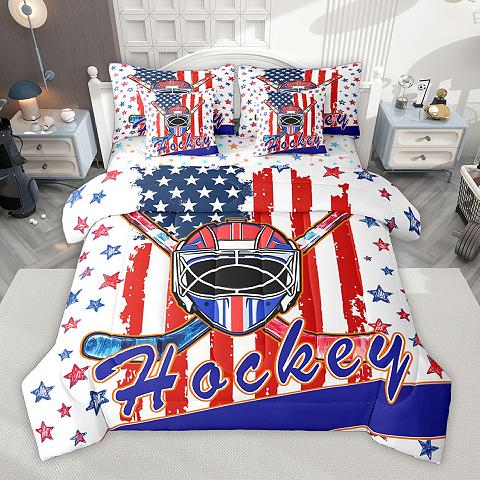 thumbnail video image 2 of Homewish Hockey Helemt 7-Piece Twin Bedding Sets,Colorful Stars Print Bedding Comforter Set,Red Blue White Sheet Sets For Kids Boy,Microfiber Bedroom Decor Reversible, 2 of 9
