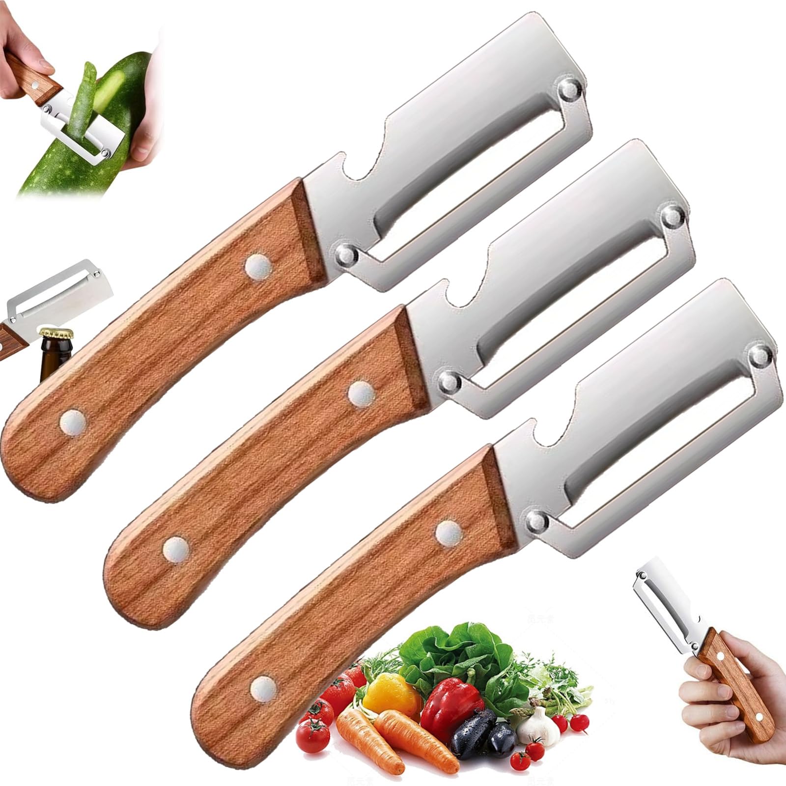 thumbnail video image 2 of 2026 New Wooden Peeler, Kitchen Tool, Stainless Steel 2-in-1 Multifunctional Wood Handle Vegetable Peeler with Bottle Opener for Kitchen Fruit & Veggie Prep, 2 of 8