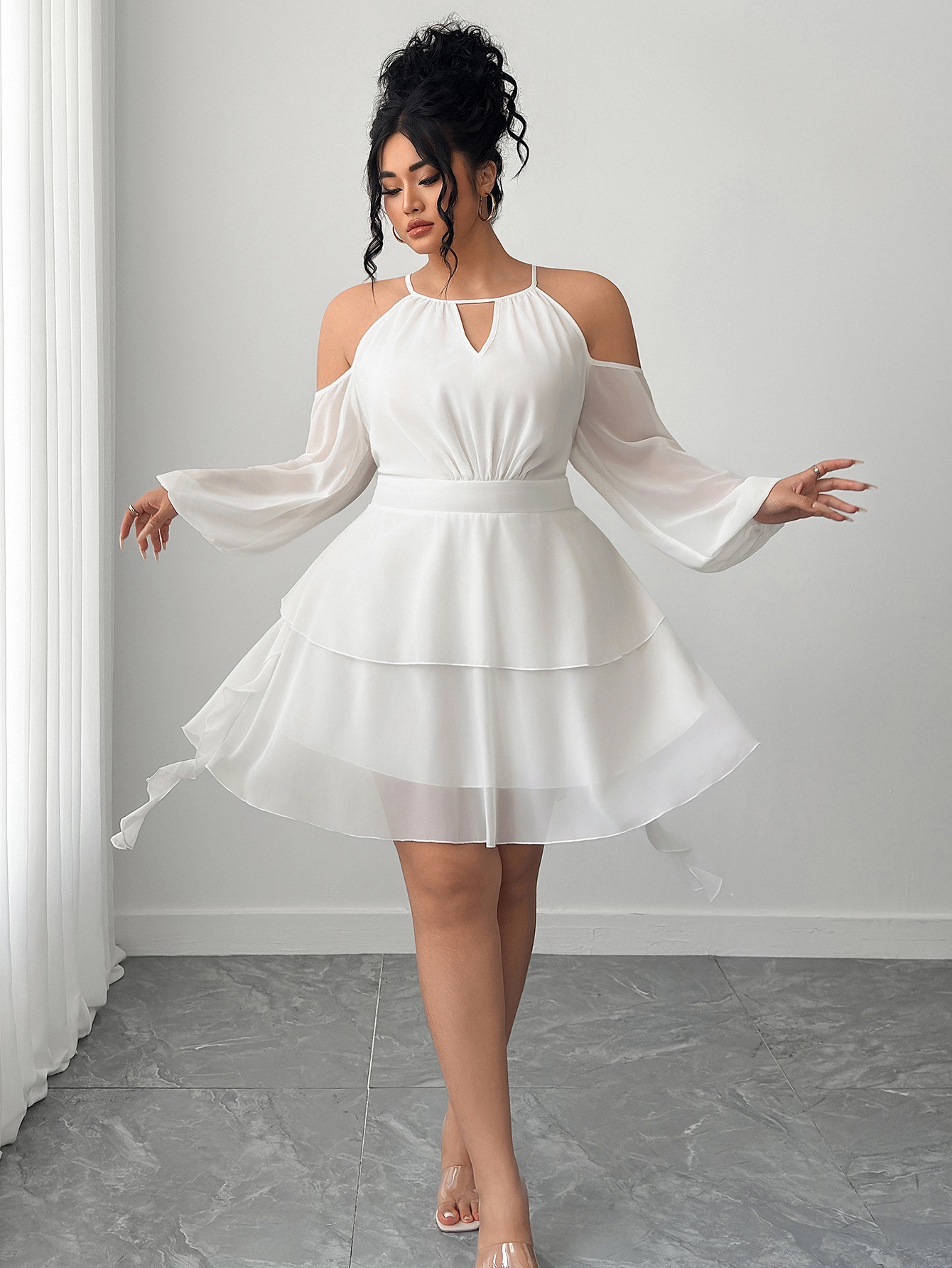 thumbnail video image 2 of AURA Plus Size Off Shoulder Sweetheart Midi Dress Chiffon Ribbon Lantern Sleeve A Line Ruffle Party Wedding Guest Dress, 2 of 4