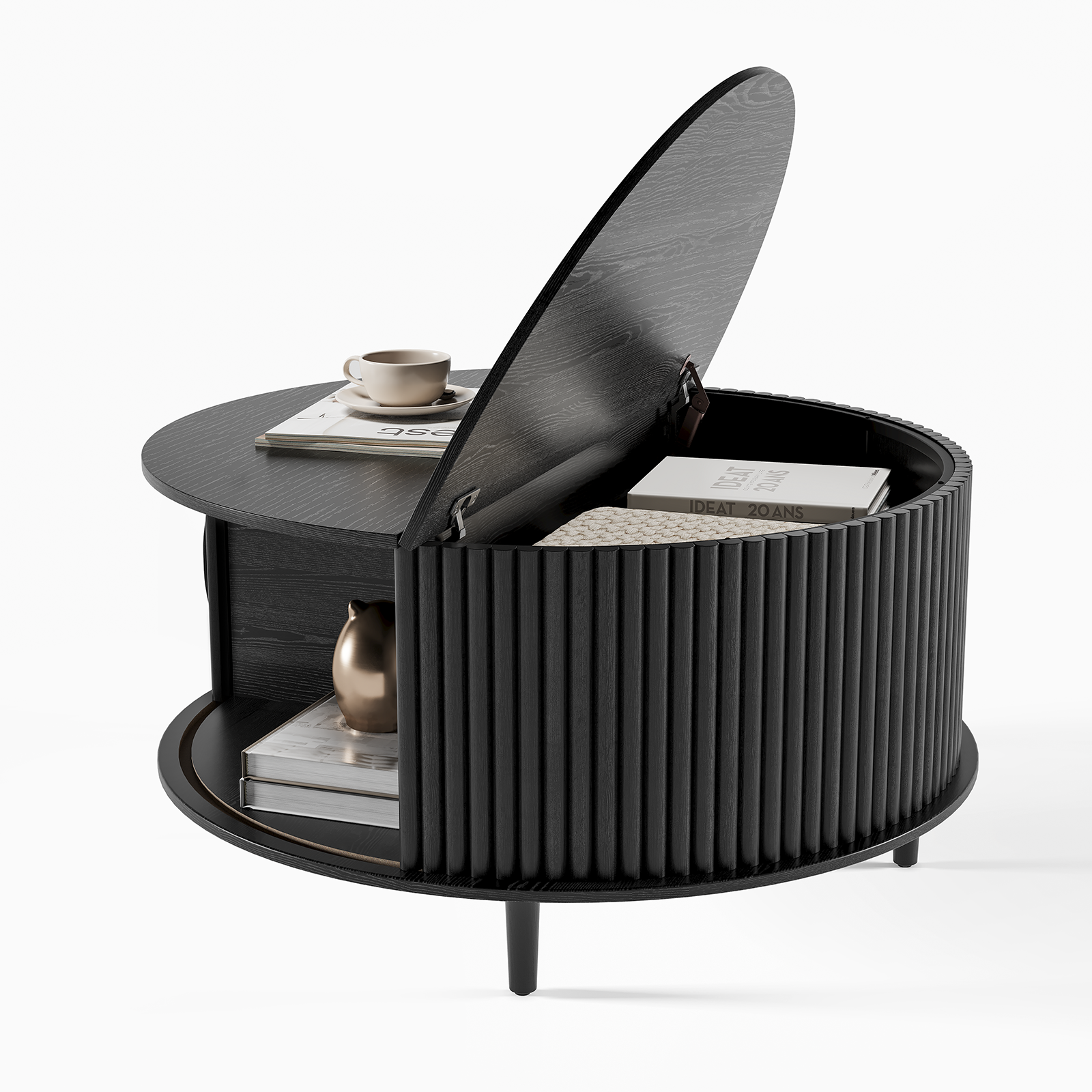 thumbnail video image 2 of JOINICE Round Coffee Table with Hidden Compartment and Open Storage Shelf,Fluted Waveform Panel Coffee Table for Living Room,Black, 2 of 7