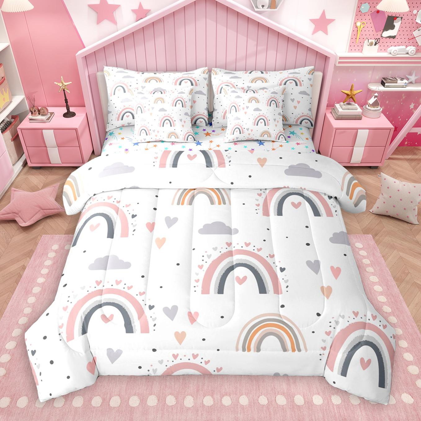 thumbnail video image 2 of Manfei Stripes Lines Rainbow 7pcs Bedding Comforter Set,Kawaii Clouds Stars Queen Bedding Sets,White Black Queen Sheet Sets For Princess,Ultra Soft Home Decor Reversible, 2 of 9