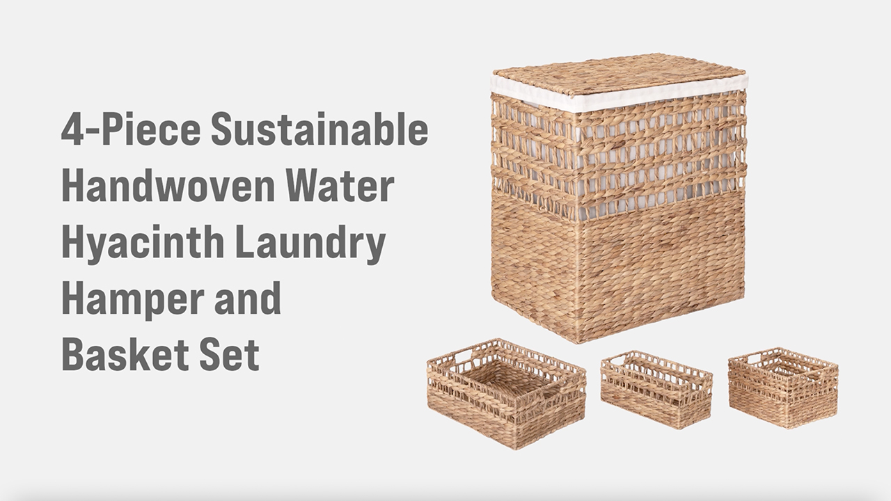 thumbnail video image 2 of Seville Classics 4-Piece Sustainable Water Hyacinth Laundry Hamper and Basket Set, 2 of 7