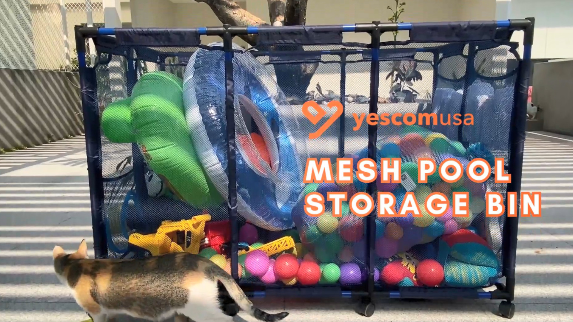 thumbnail video image 2 of Yescom Metal Frame 10 Wheels Rolling Mesh Pool Storage Bin Organizer for Pool Toys Balls, Blue, 2 of 11
