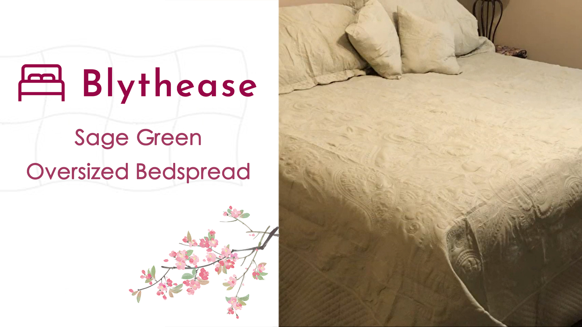 thumbnail video image 2 of Blythease Oversized King Bedspread 138x122 Extra Wide, Paisley Pattern Design, Lightweight Bedding Cover, Reversible, 5 Piece, 100% Microfiber, California/Alaskan King, Sage Green, 2 of 8